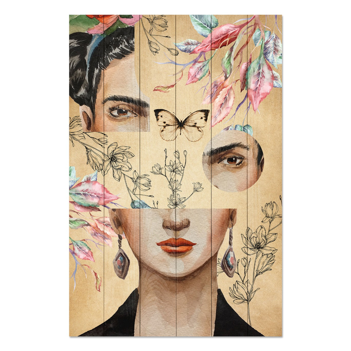 Wood Picture Frida and Flower Collage-30x40 cm