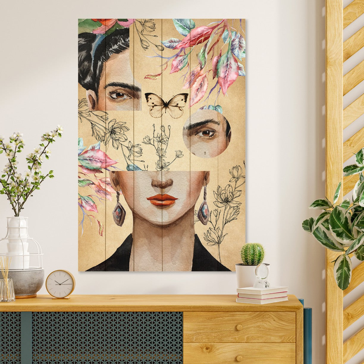 Bild Wood Frida und Blumen-Collage-60x90 cm
