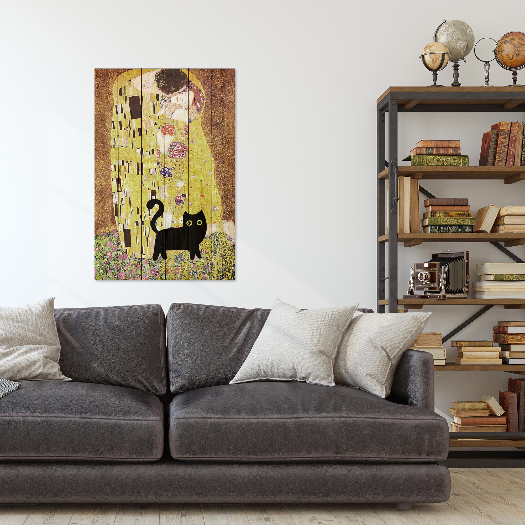Obraz Wood Klimt Kiss with Cat