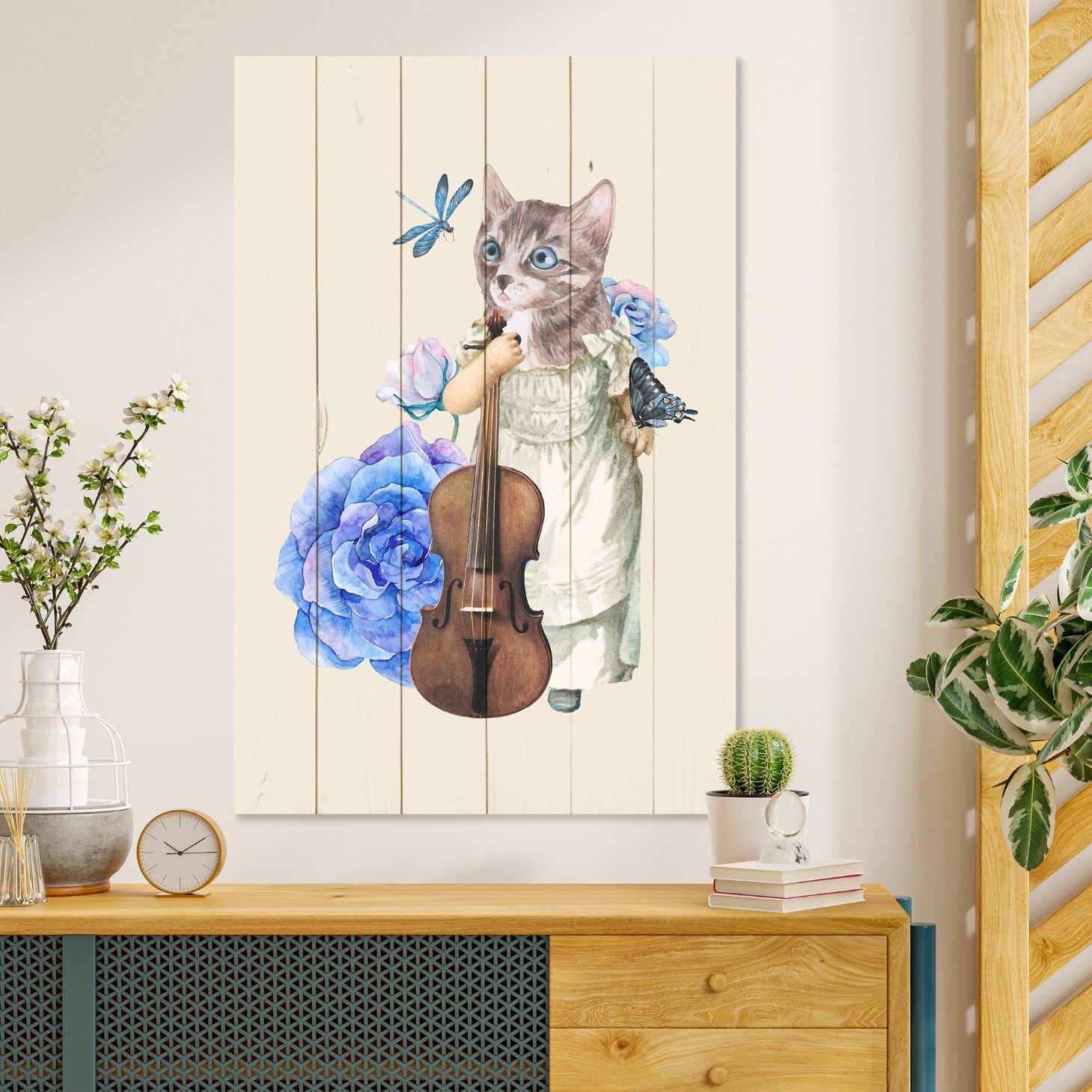 Bild Wood Katze mit Geige in Blumen-30x40 cm
