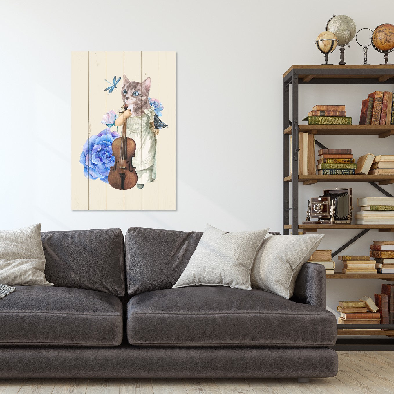Bild Wood Katze mit Geige in Blumen-60x90 cm