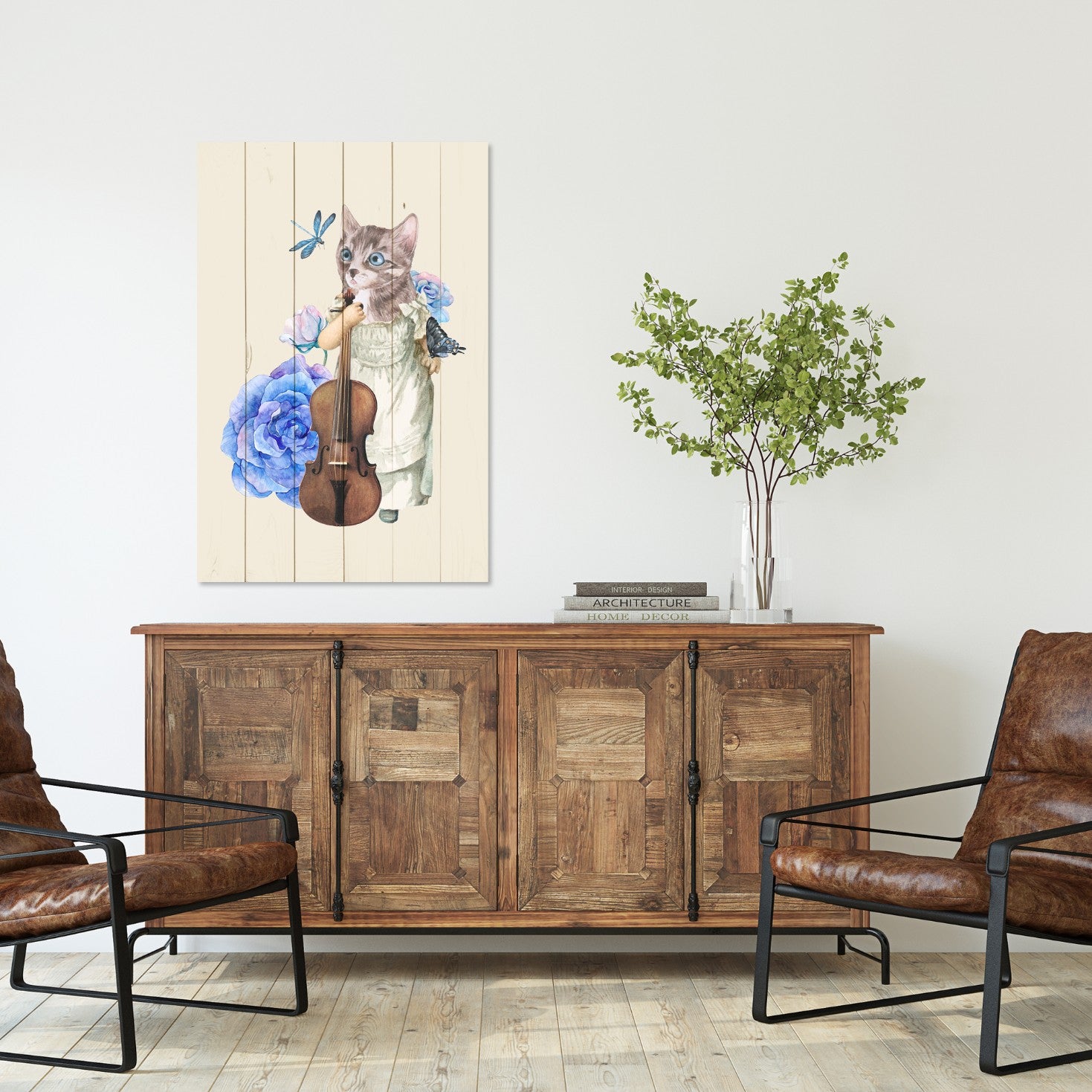Bild Wood Katze mit Geige in Blumen-30x40 cm