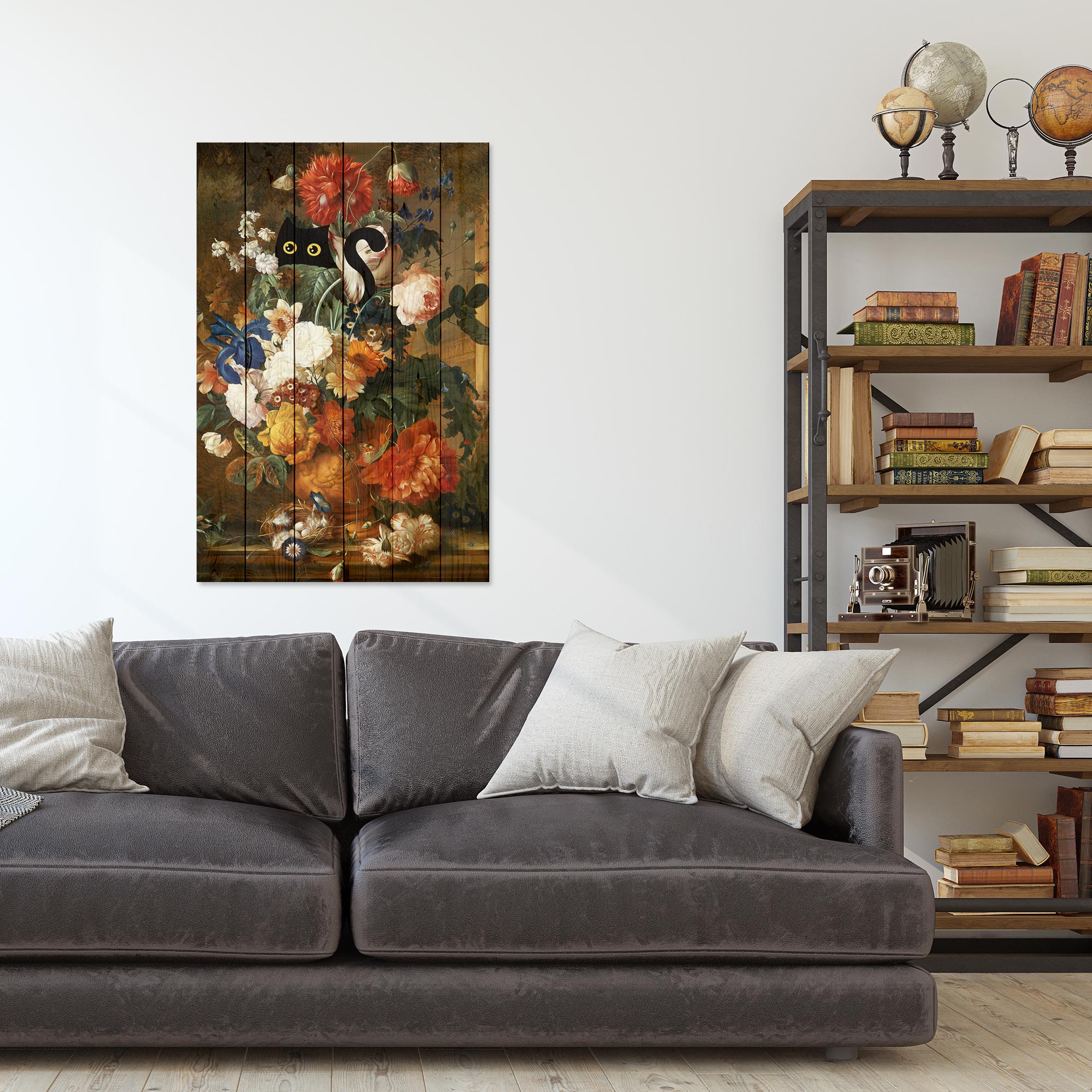 Wooden Picture Floral Still Life with Cat-20x30 cm
