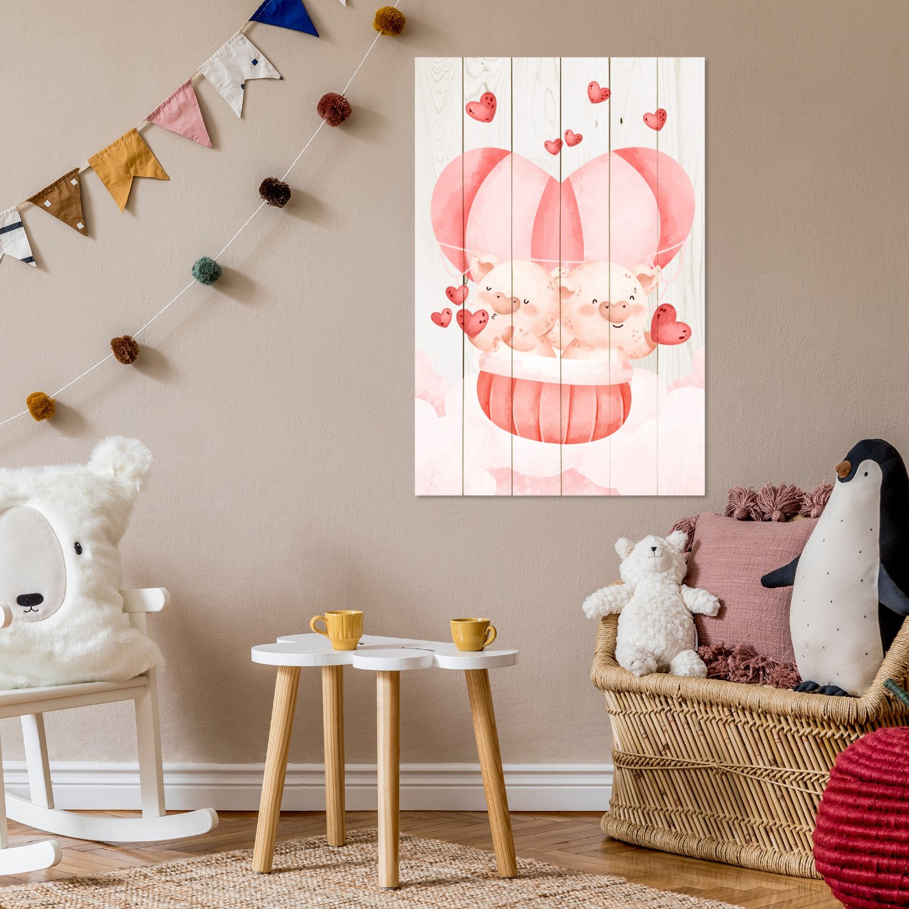 Bild Wood Pig Couple with Hearts-50x70 cm