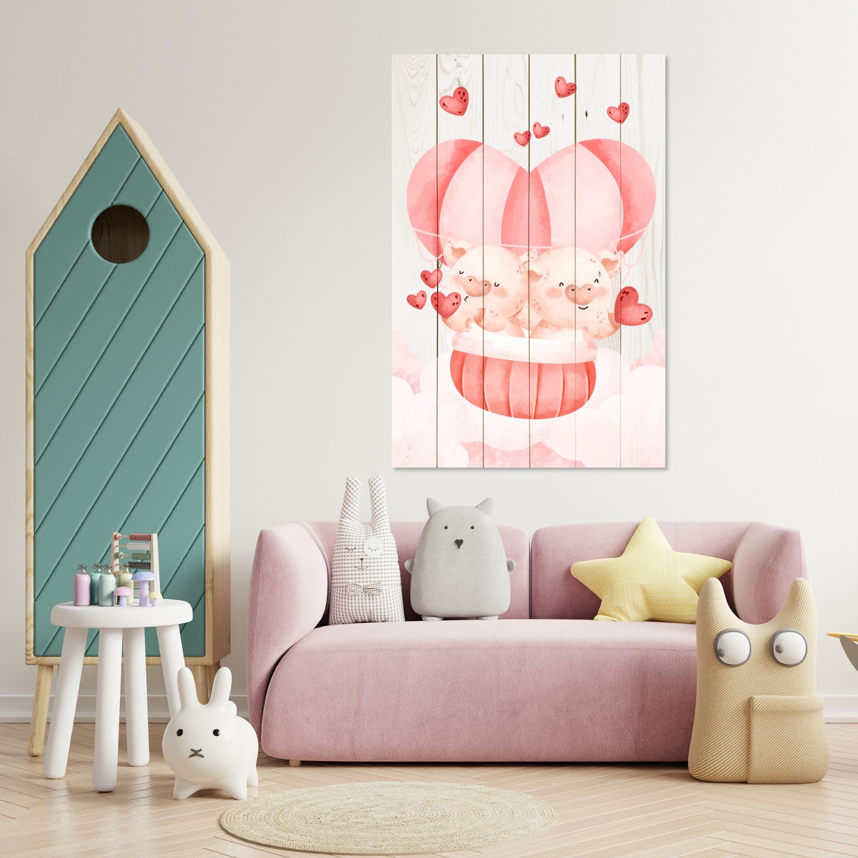 Bild Wood Pig Couple with Hearts-50x70 cm