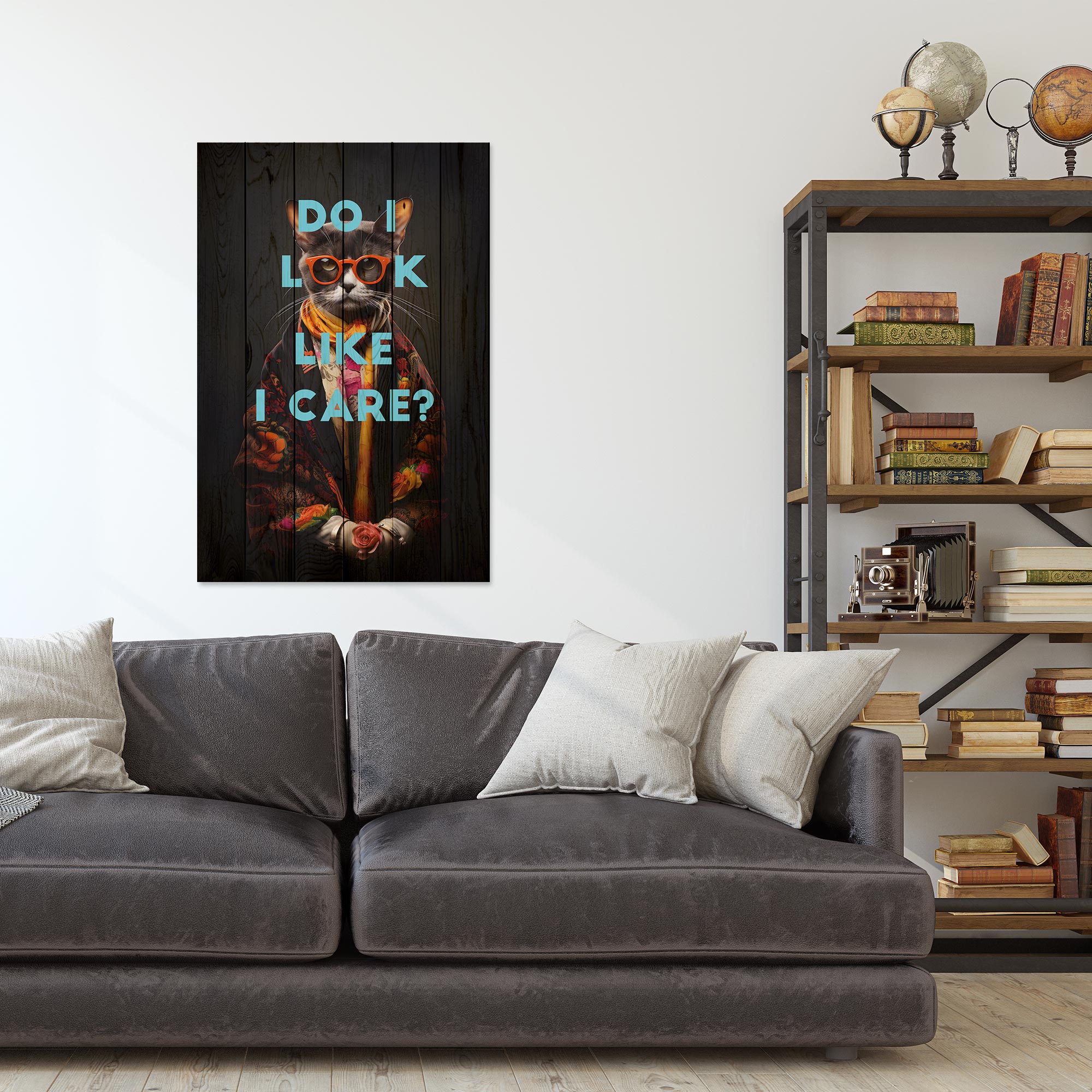 Bild Wood Do I look like I care cat-60x90 cm