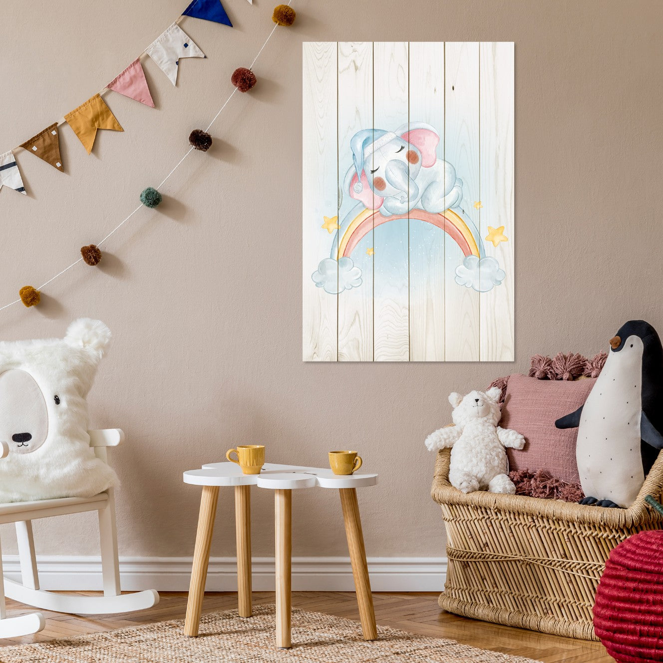 Bild Wood Kleiner Elefant auf dem Regenbogen-40x60 cm