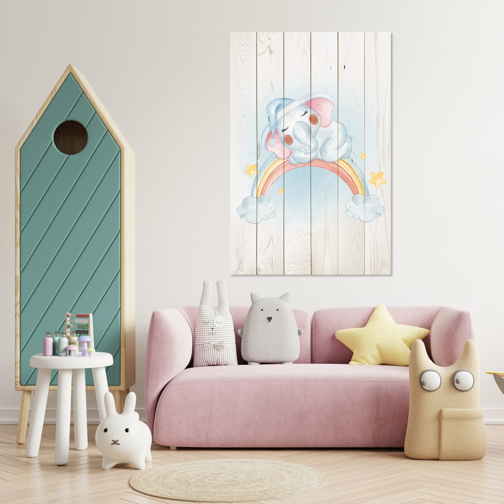 Bild Wood Kleiner Elefant auf dem Regenbogen-40x60 cm