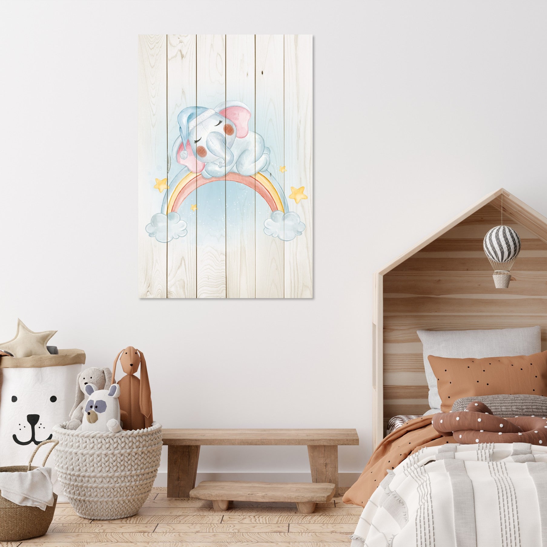 Bild Wood Kleiner Elefant auf dem Regenbogen-40x60 cm
