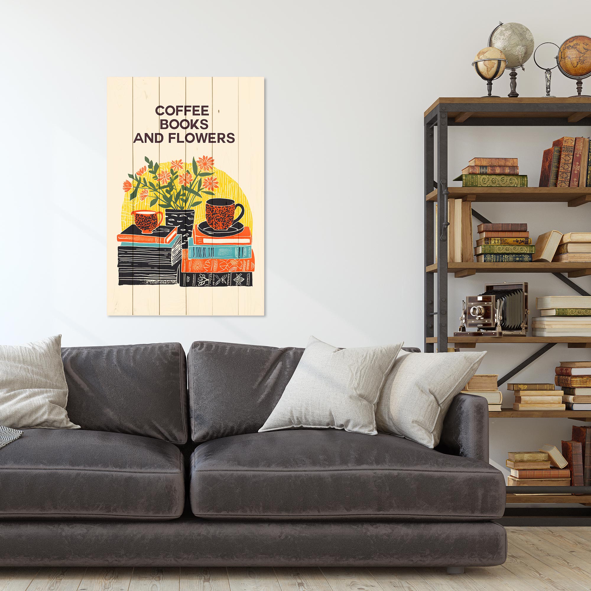 Bild Wood Kaffee Bücher Blumen