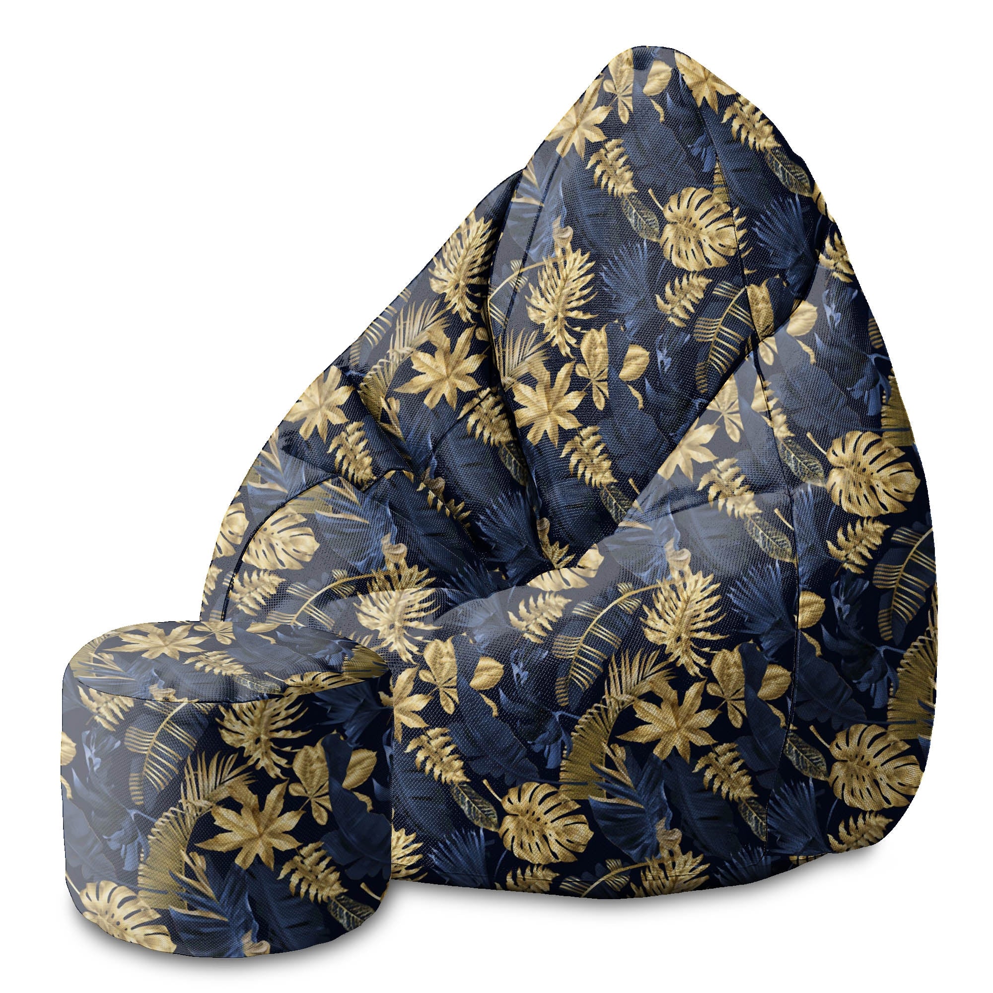 Runder Hocker Fußstütze Monstera Gold Navy Blau-Oxford