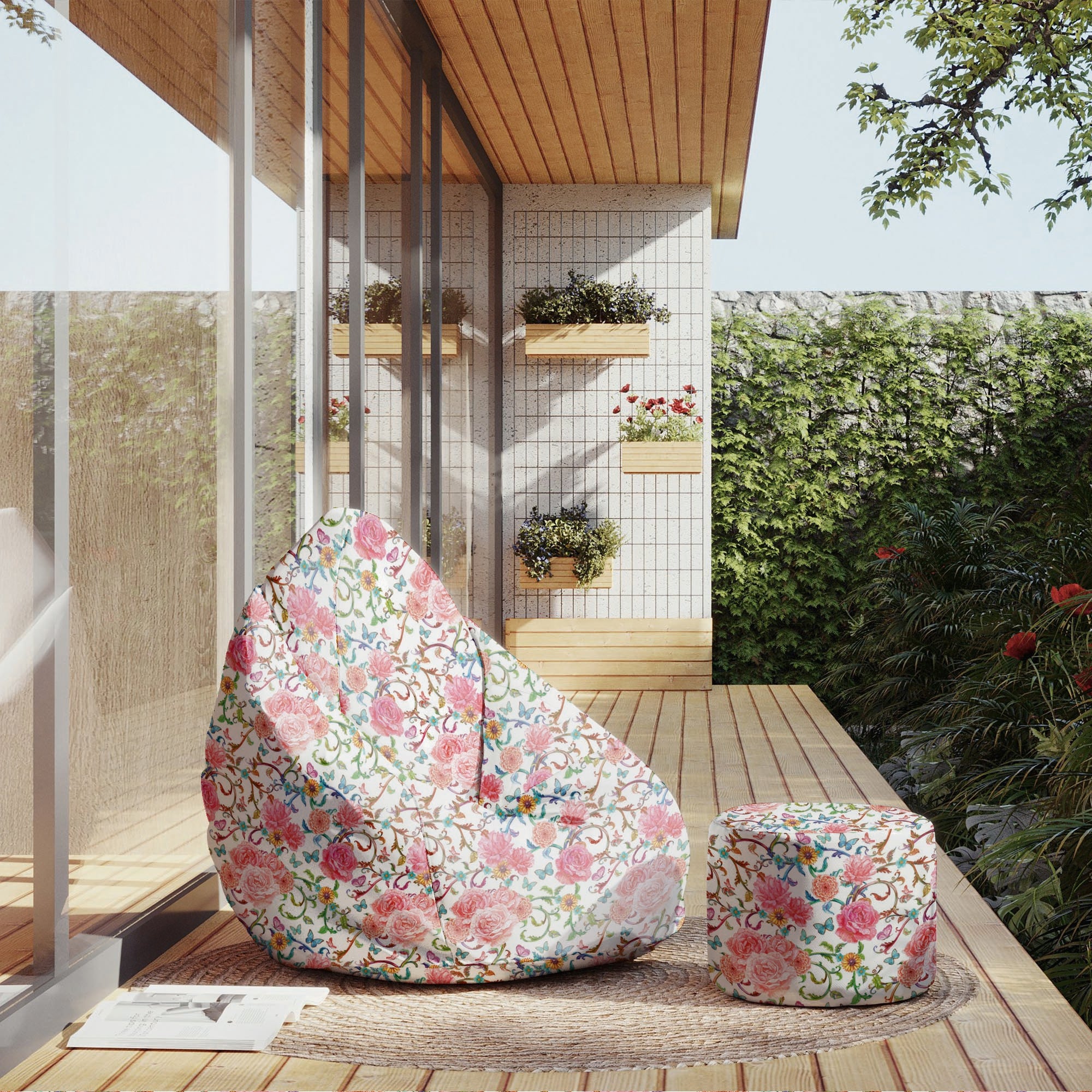 Runder Hocker Fußstütze Schmetterlinge mit Blumen