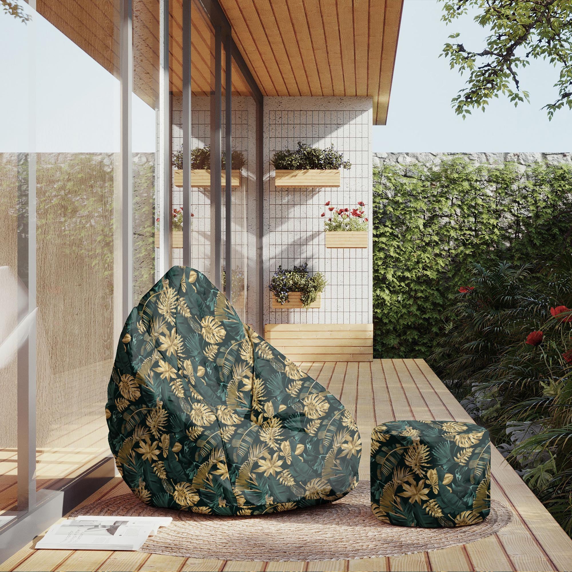 Runder Hocker Fußstütze Monstera Gold Grün