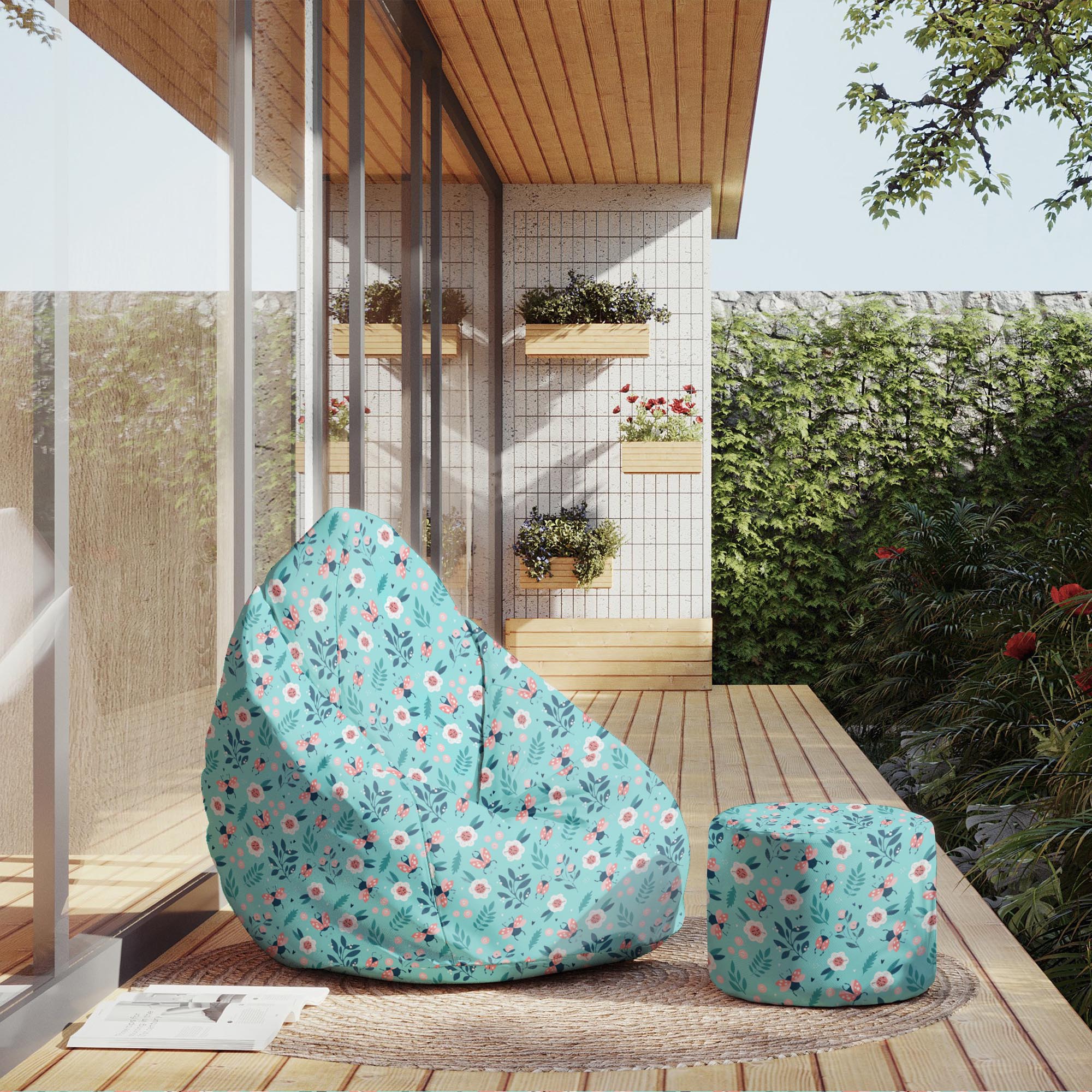 Runder Hocker Fußstütze Ladybugs and Flowers