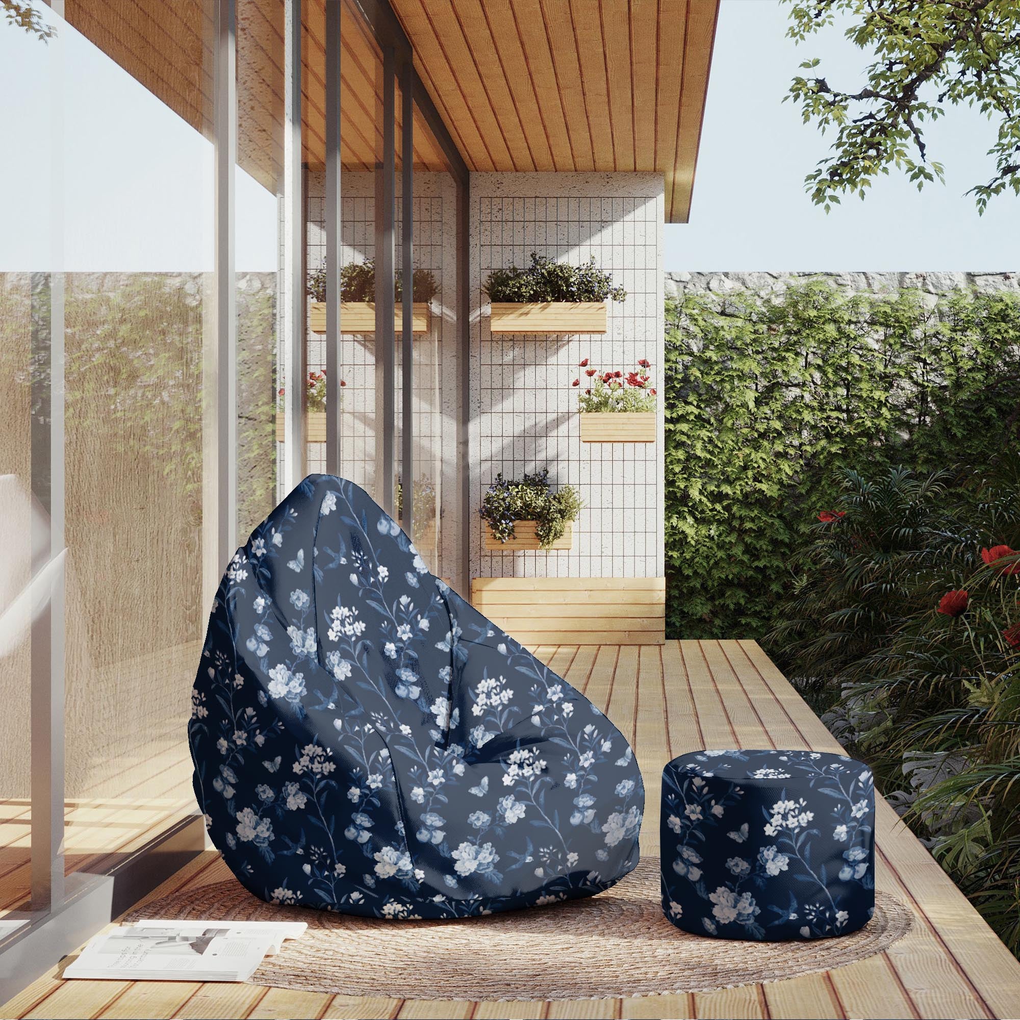 Runder Hocker Fußstütze Blau Botanisch