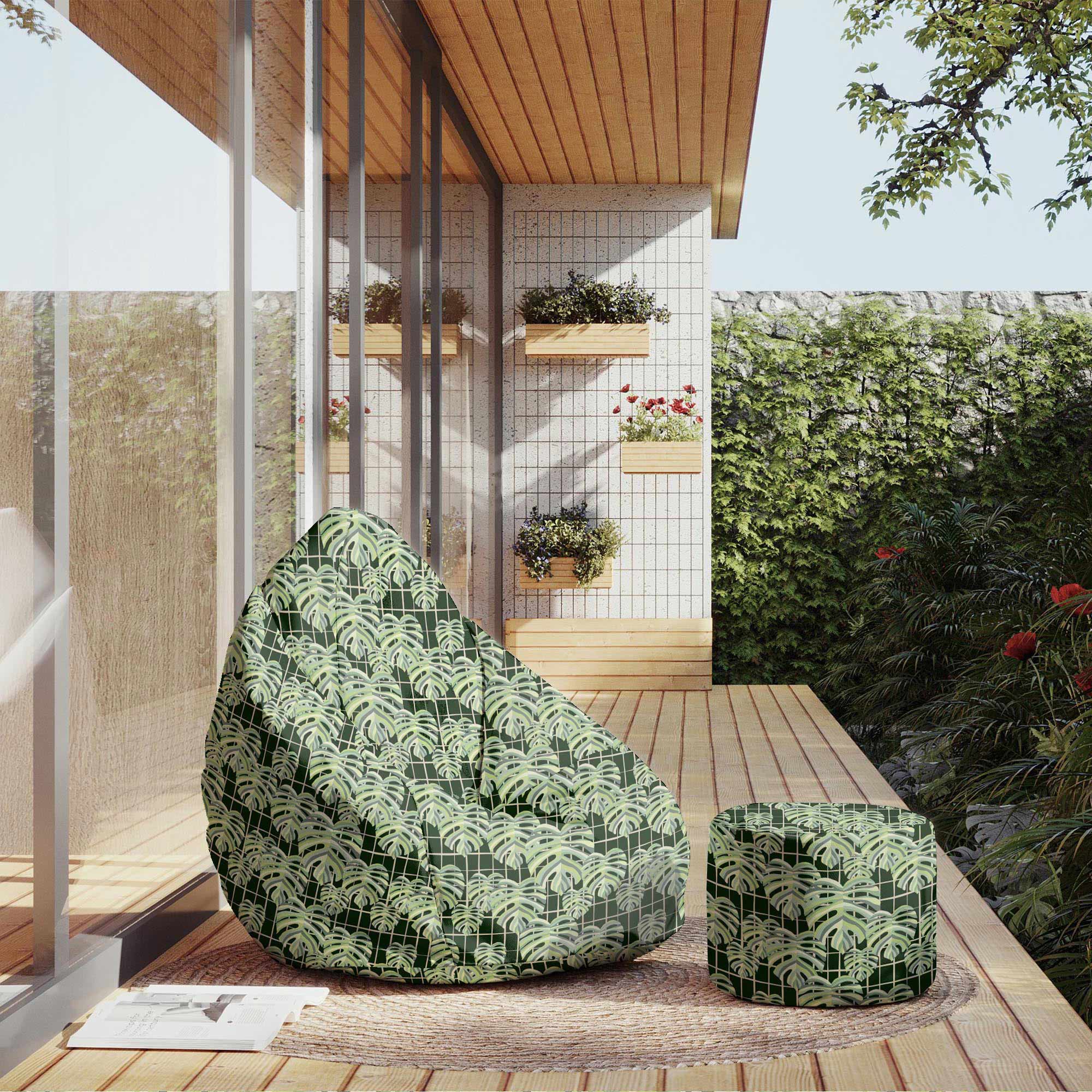 Runder Hocker Fußstütze Monstera Leaves Grid