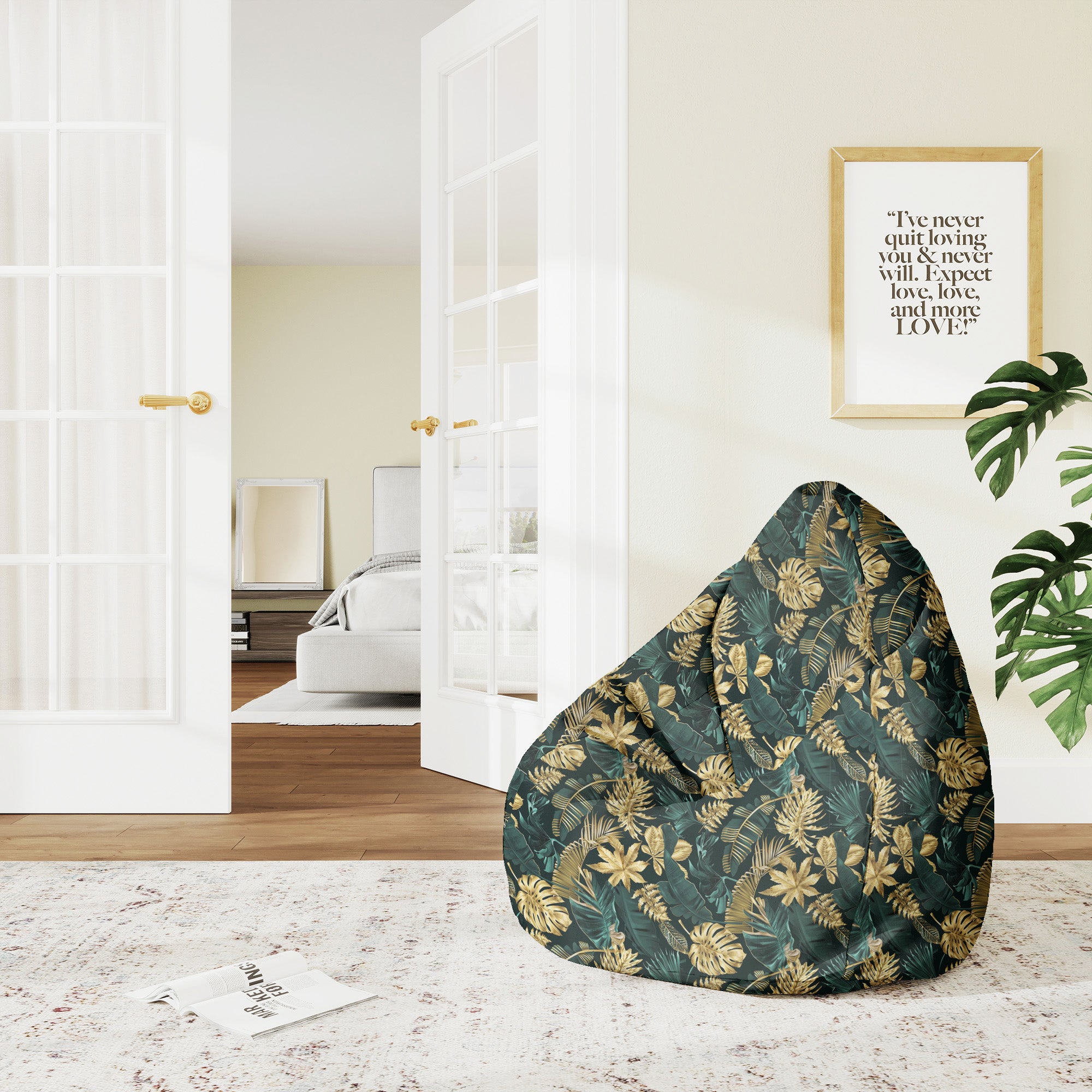 Puf Birnenform Monstera Gold Grün-M-Samt