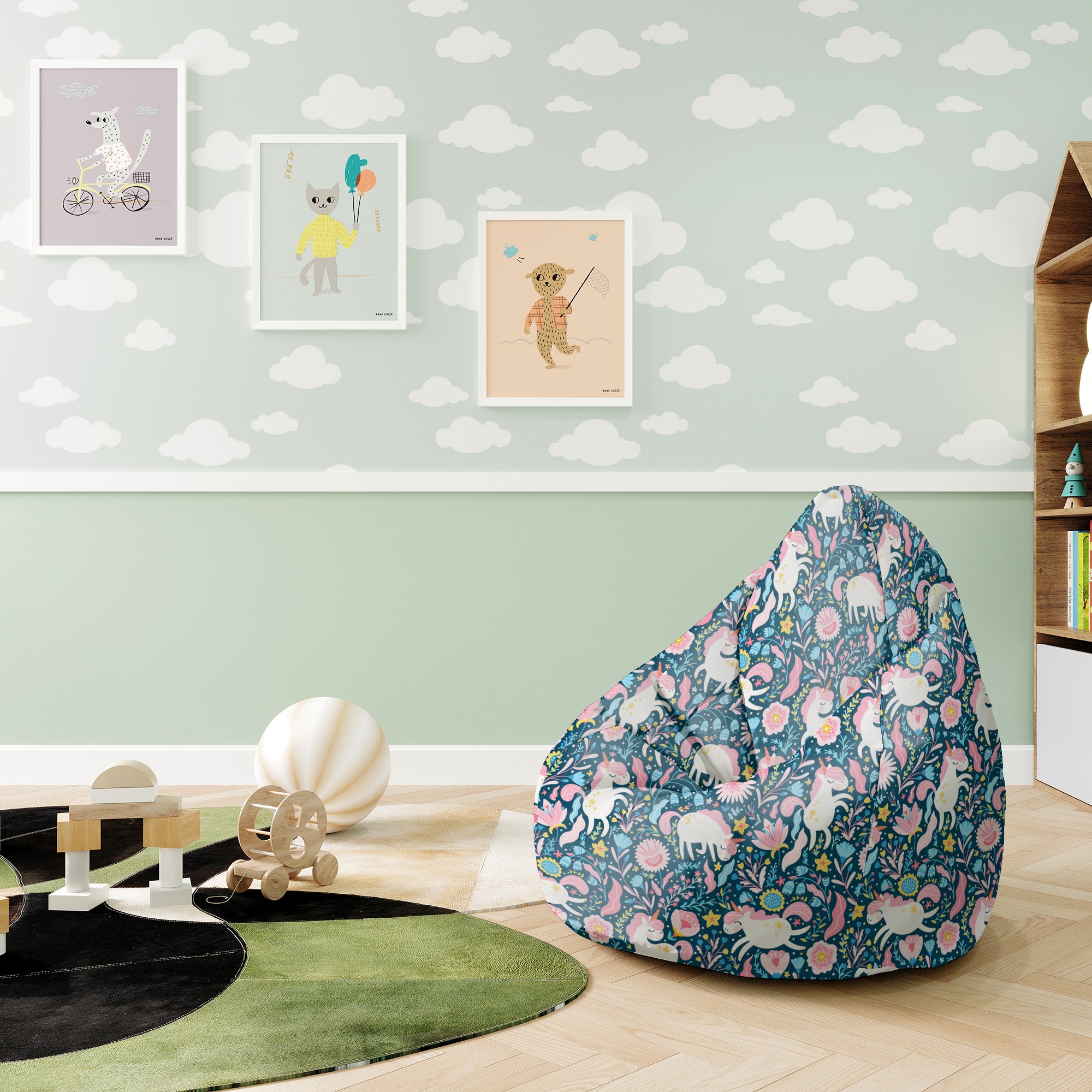 Puf Birnenform Einhorn in den Blumen
