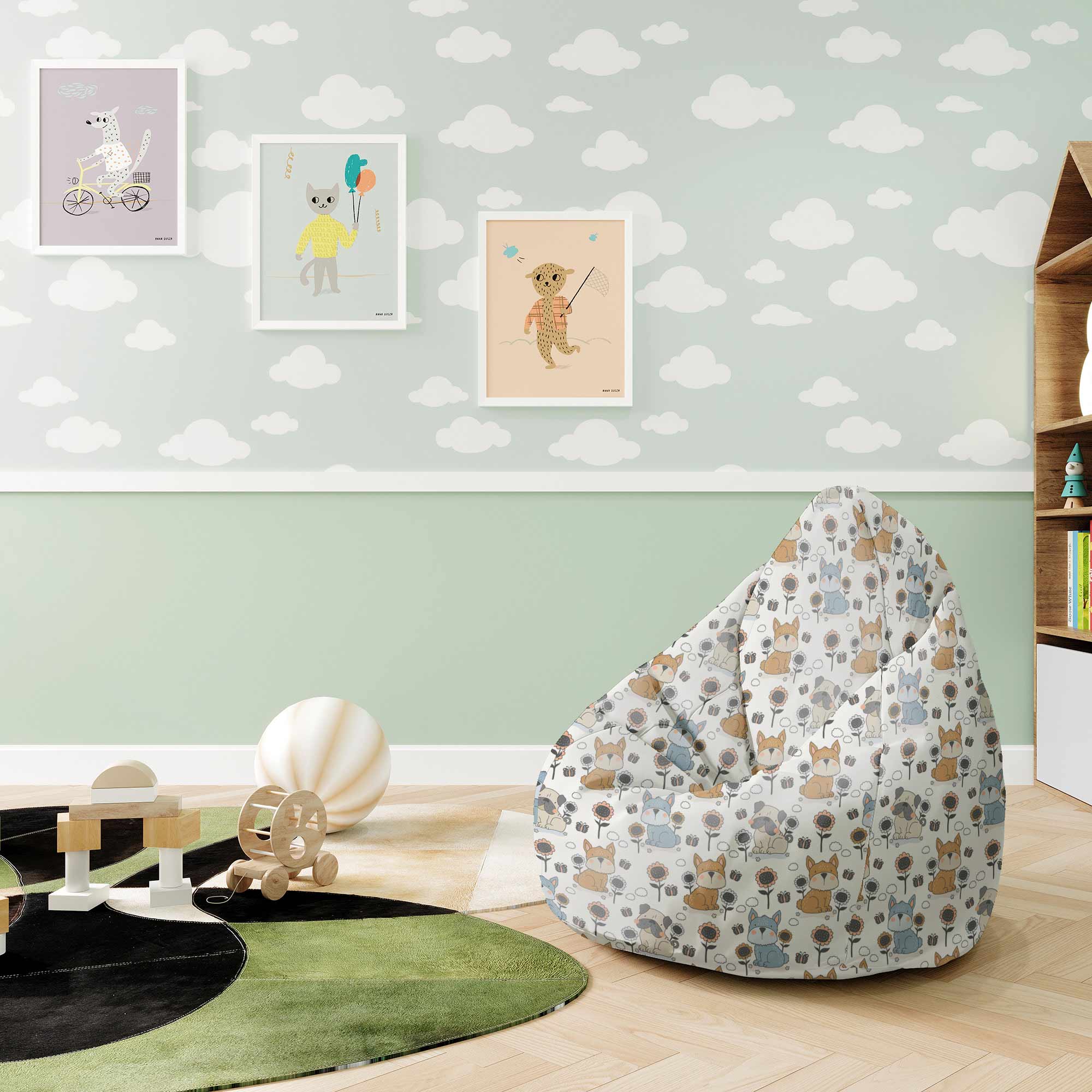 Puf Birnenform Hunde und Blumen