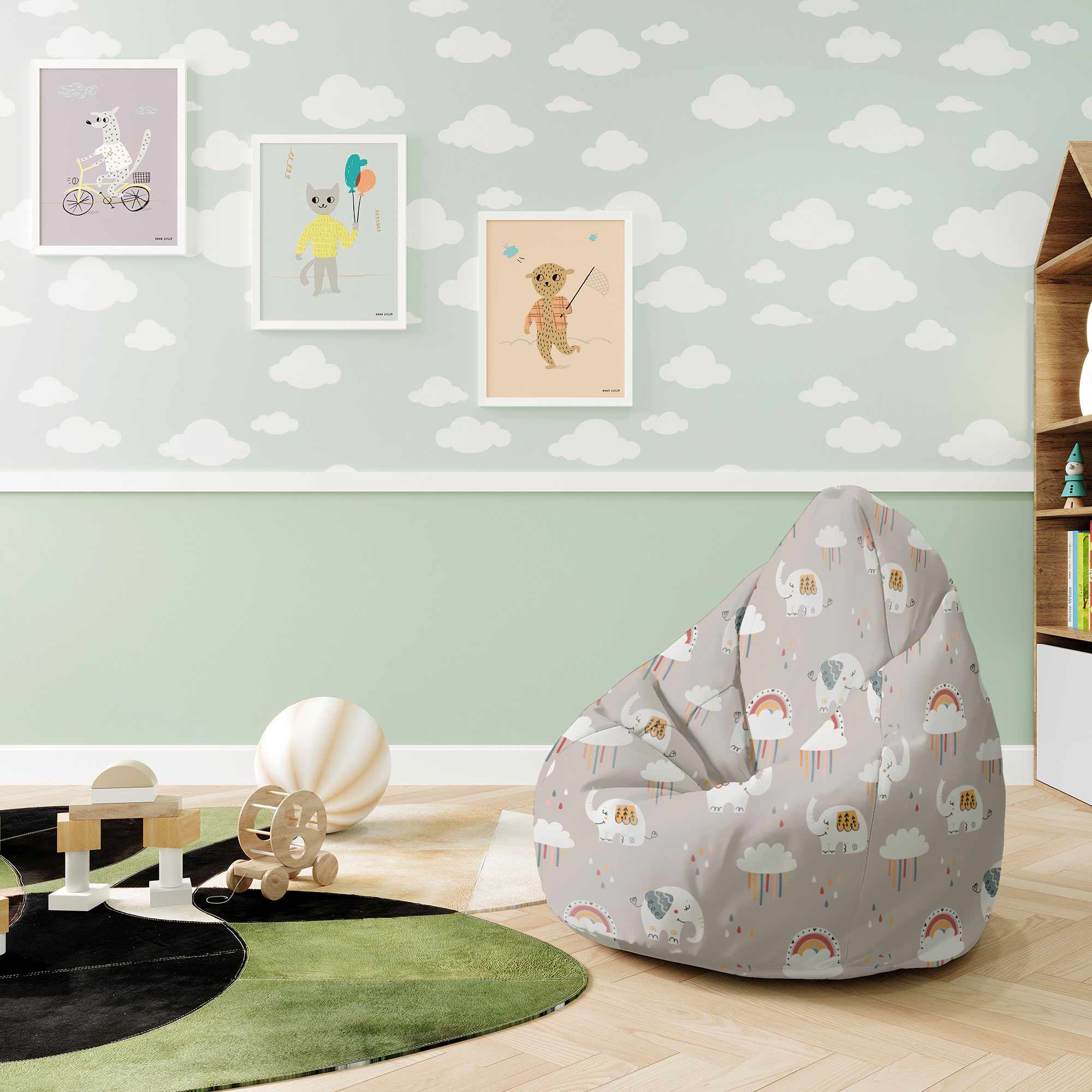 Puf Birnenform Elefant und Regenbogenwolken
