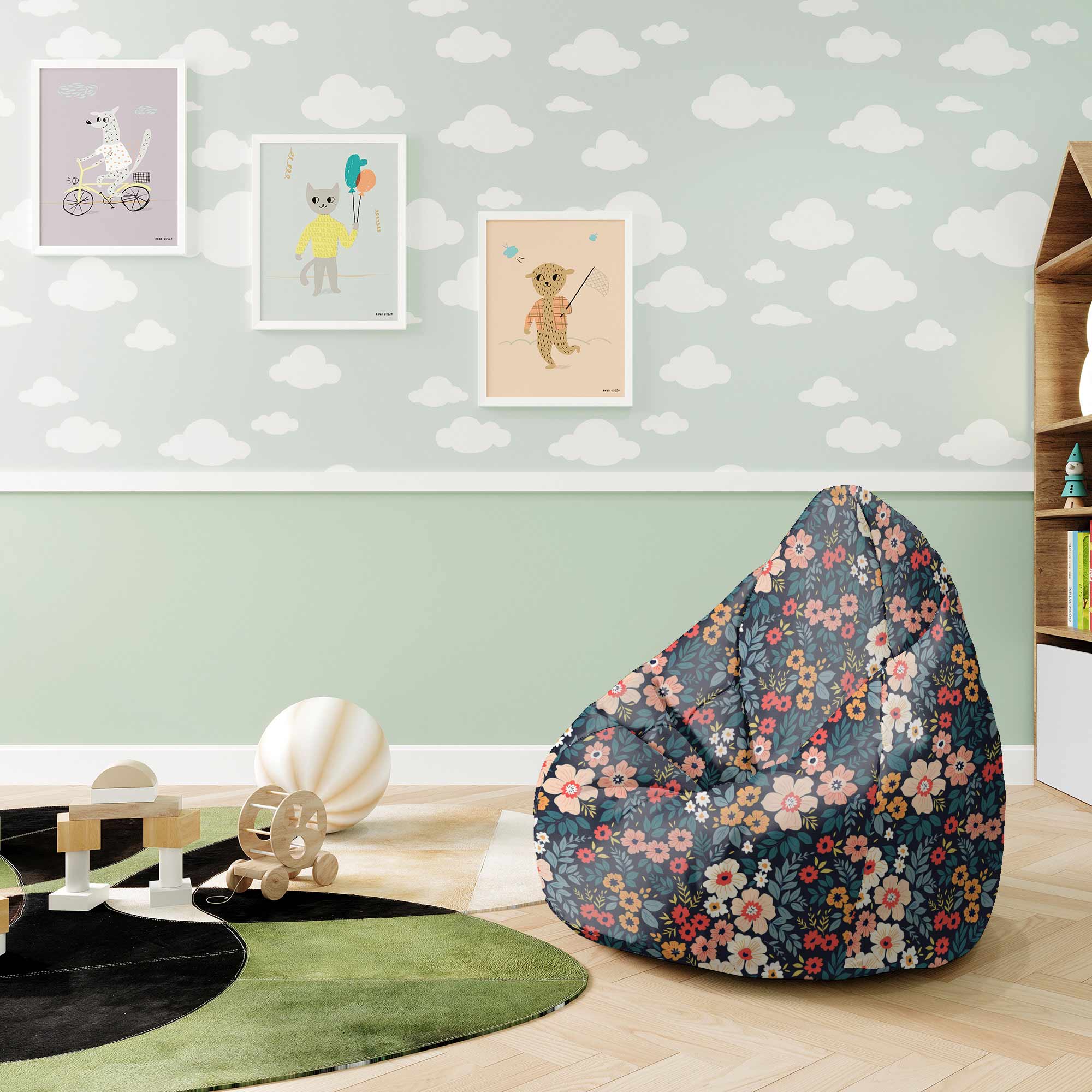 Puf Pearshape Bunte Blumen-S-Oxford