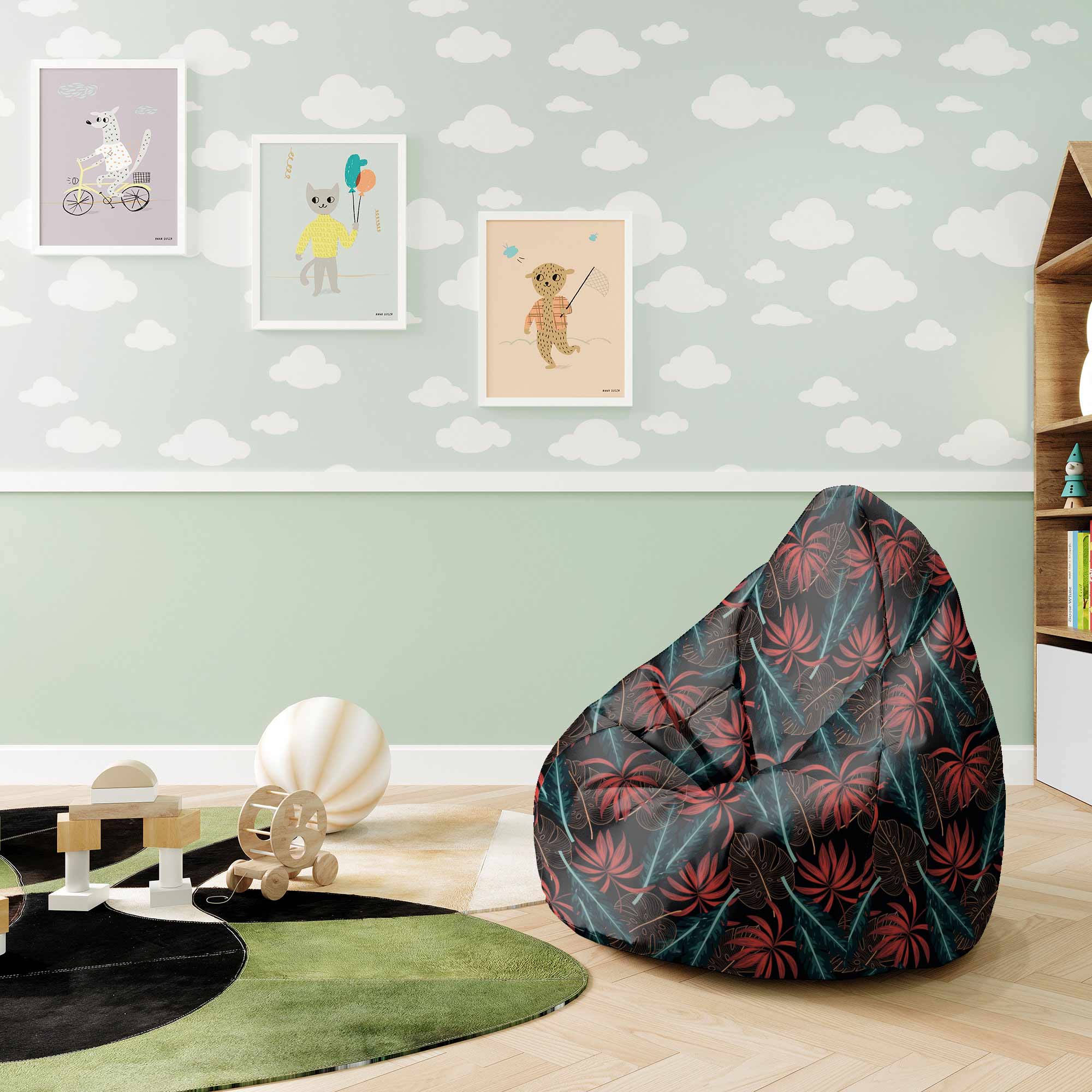 Pearshape Pouf Exotic Leaves on Dark-S-Oxford