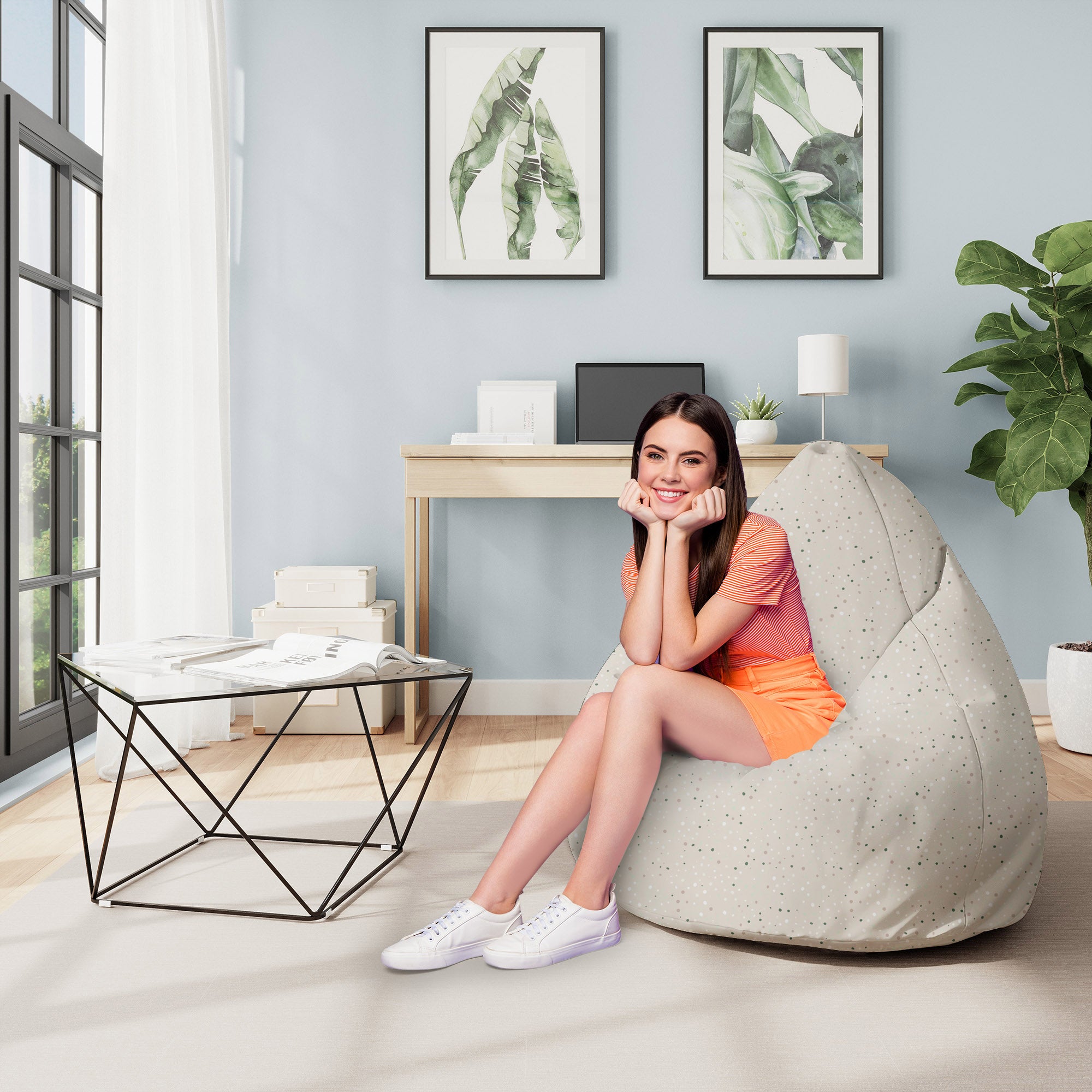 Puf Pearshape Beige Print with Dots-M-Velvet