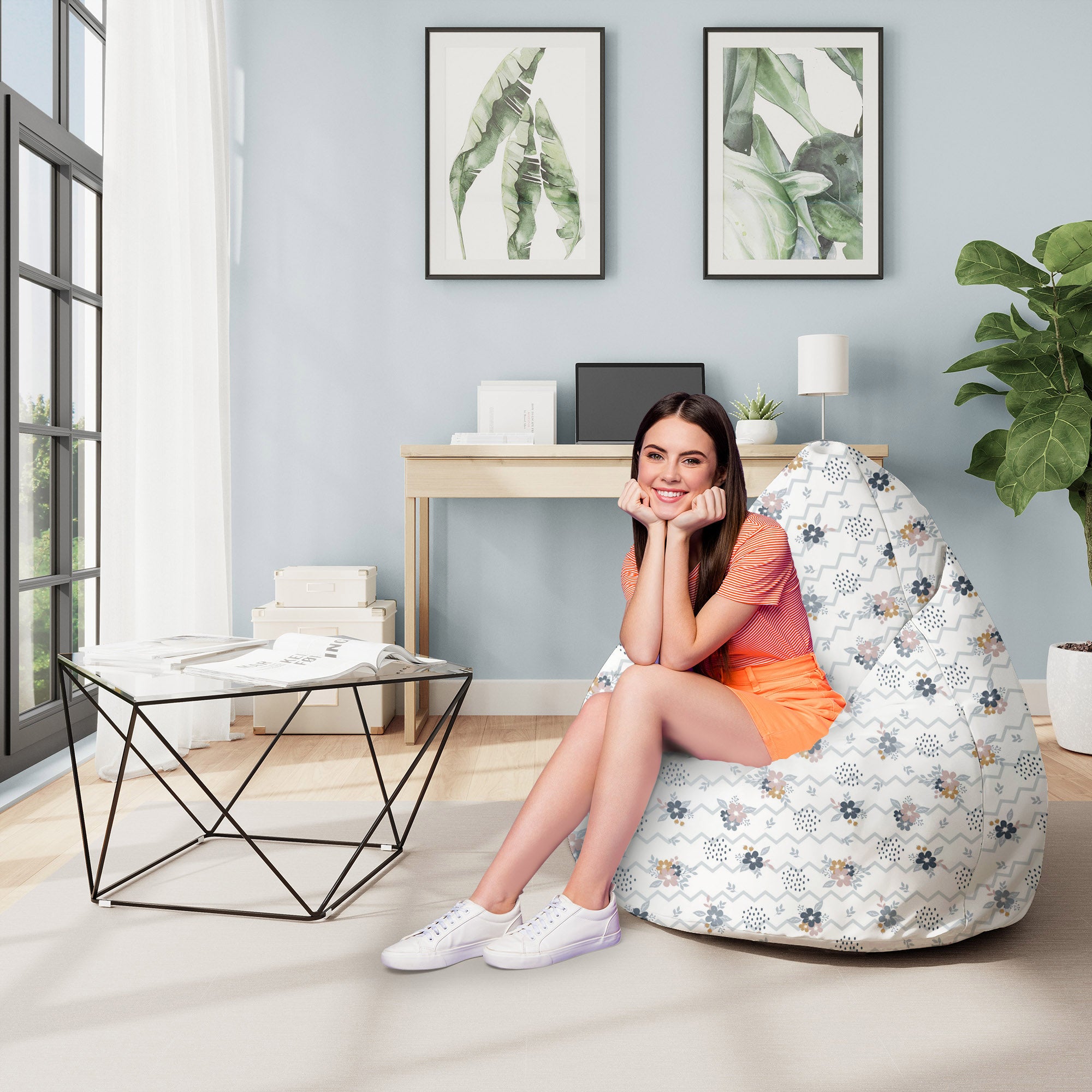 Puf Birnenform Chevron und Blumen-M-Oxford