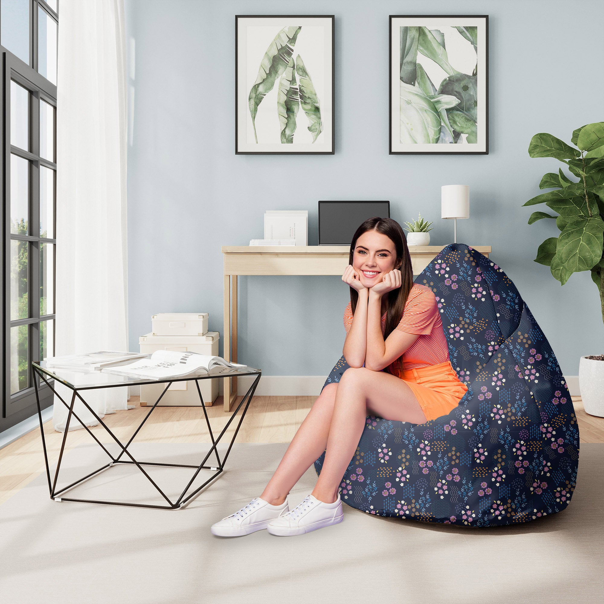 Pearshape Pouf Geometric Flower-M-Oxford