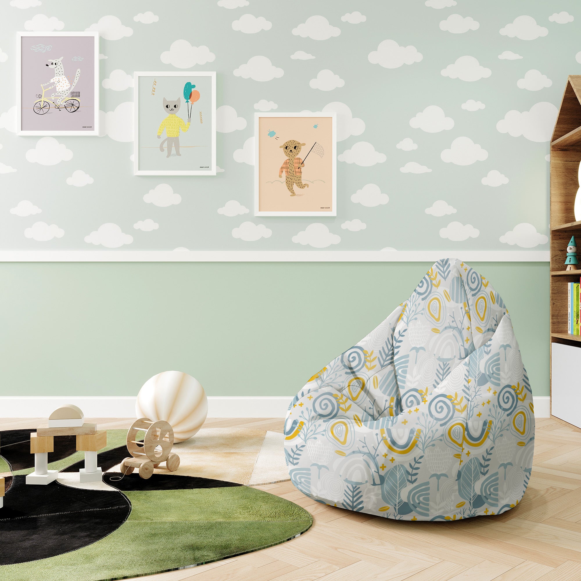 Puf Pearshape Grey Floral Pattern-S-Velvet