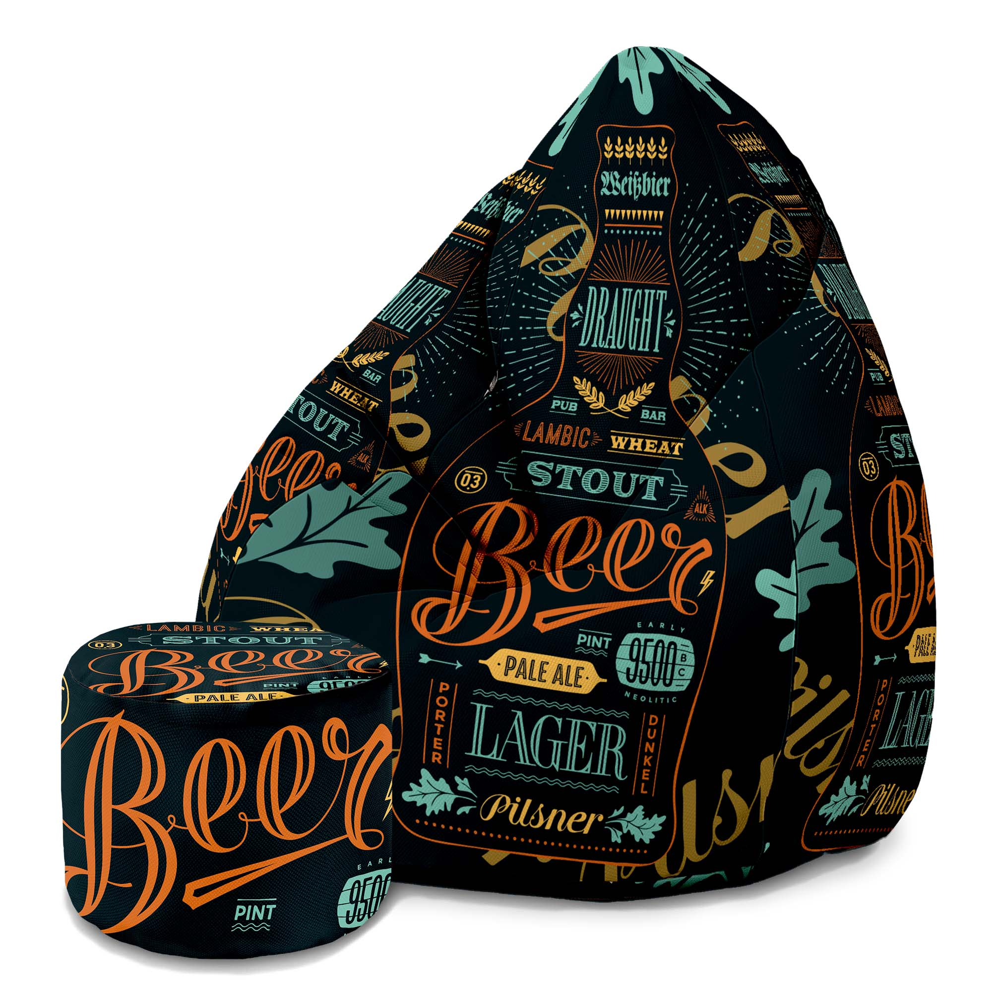 Sitzpouf Birnenform mit Fußstütze Schwarzes Bier-Oxford