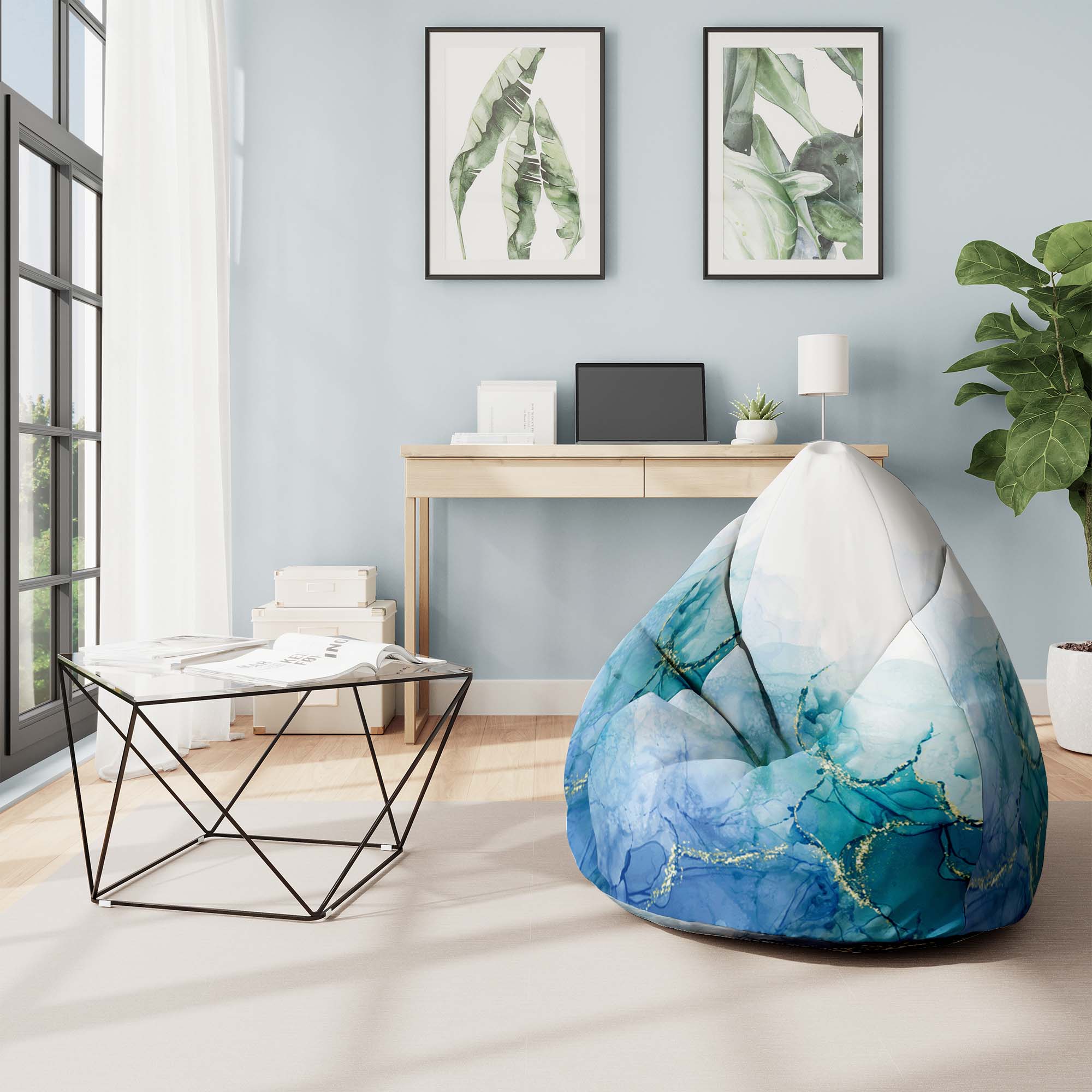 Sitzsack Birnenform Blau Marmor-Samt