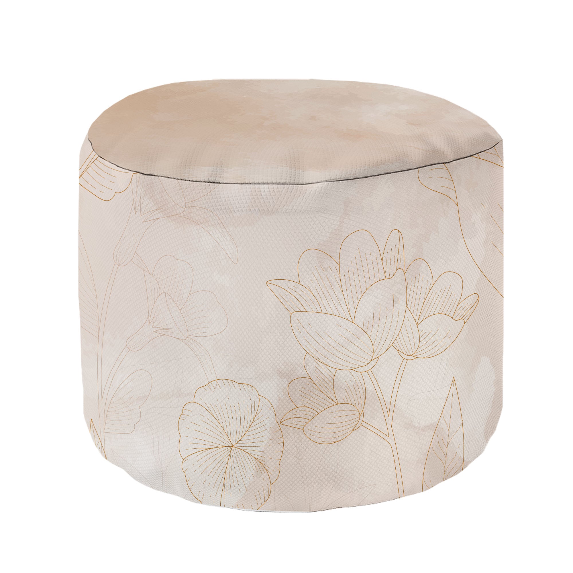 Round Pouf Footstool Boho Beige Flowers