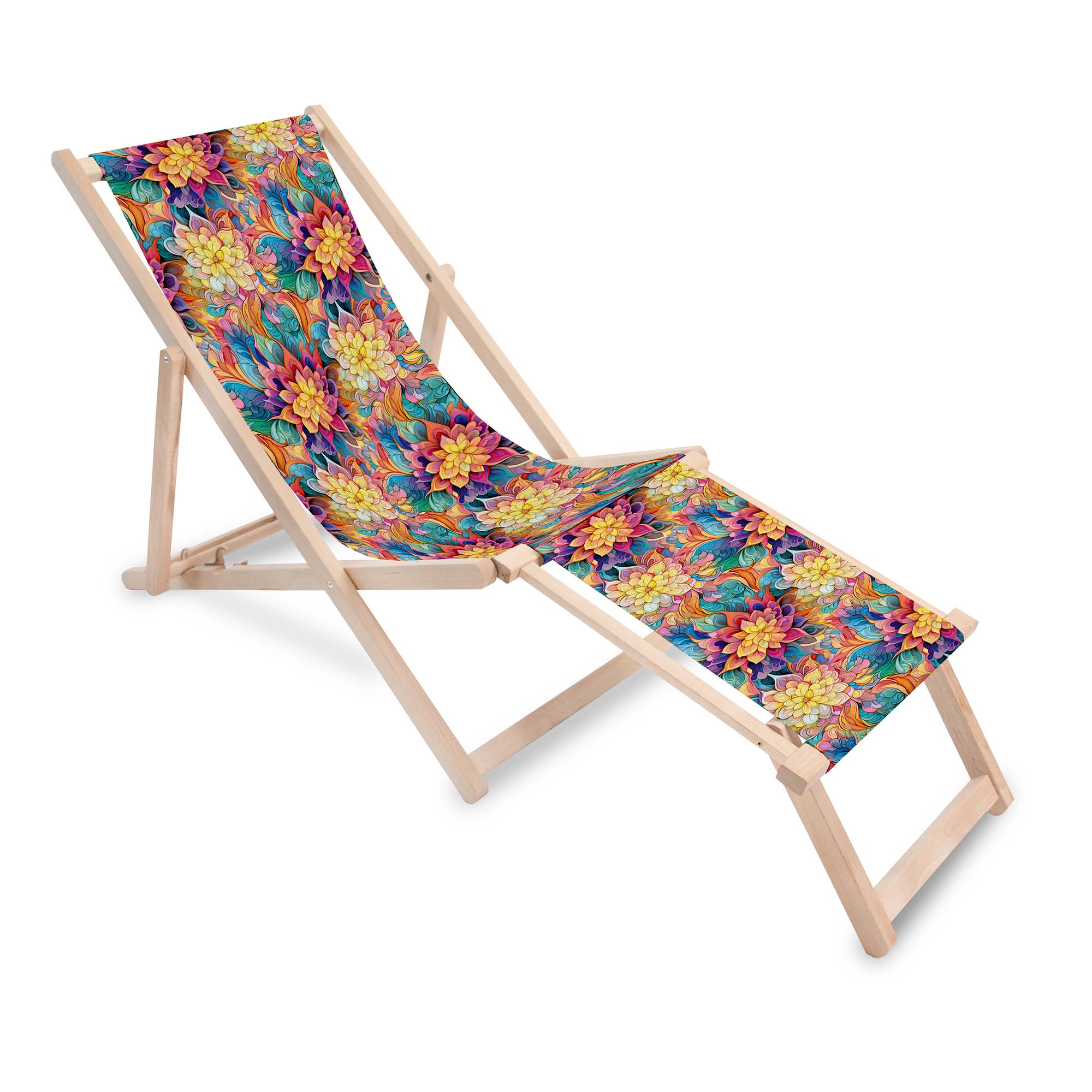 Holzliegestuhl mit Fußstütze Botanisches Blumen-Geometrisches Muster