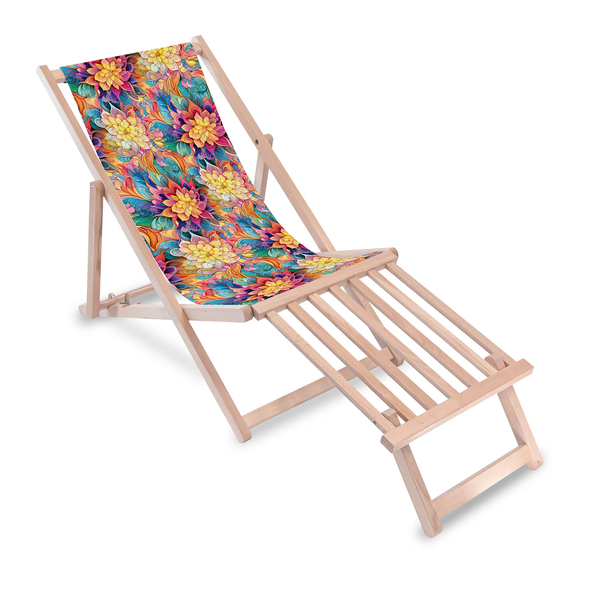 Holzliegestuhl mit Holzfußstütze Botanisches Blumen-Geometrisches Muster