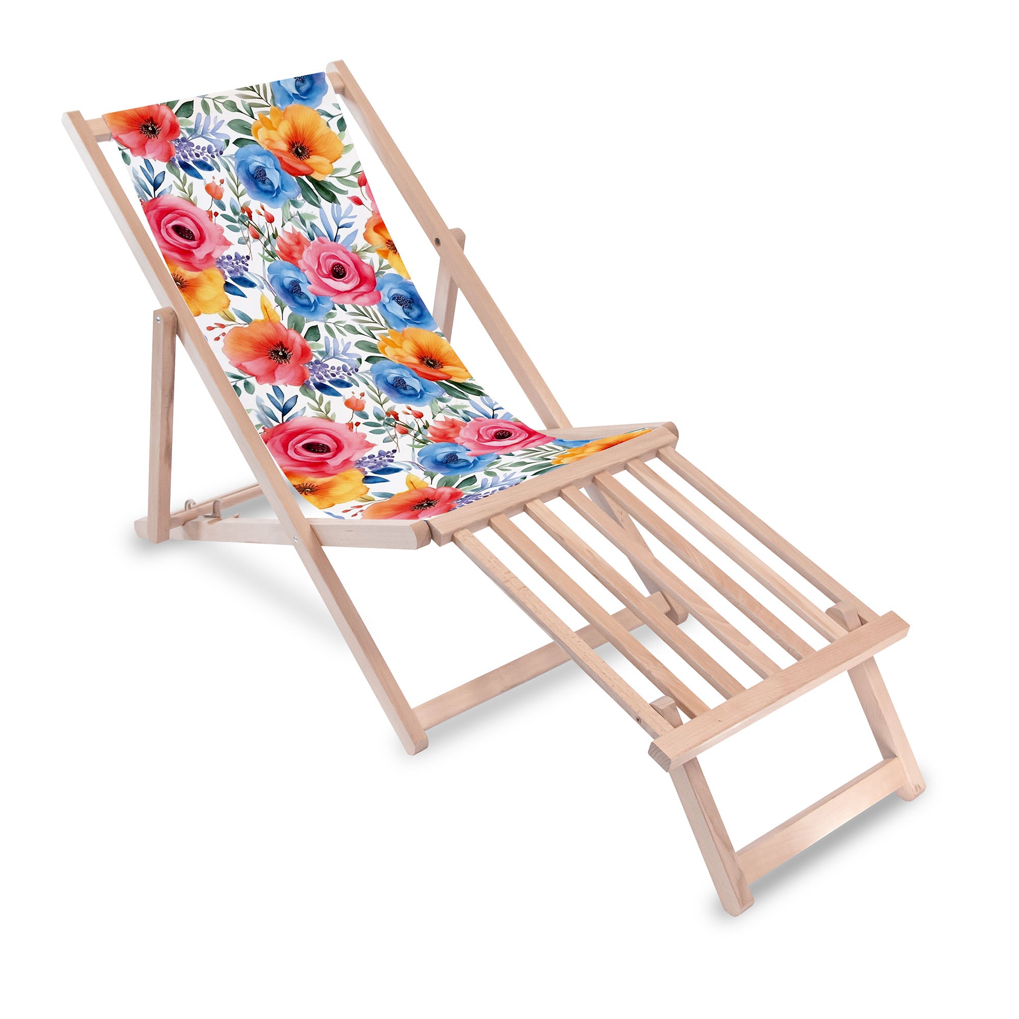 Holzliegestuhl mit Holzfußstütze Bunte Blumen