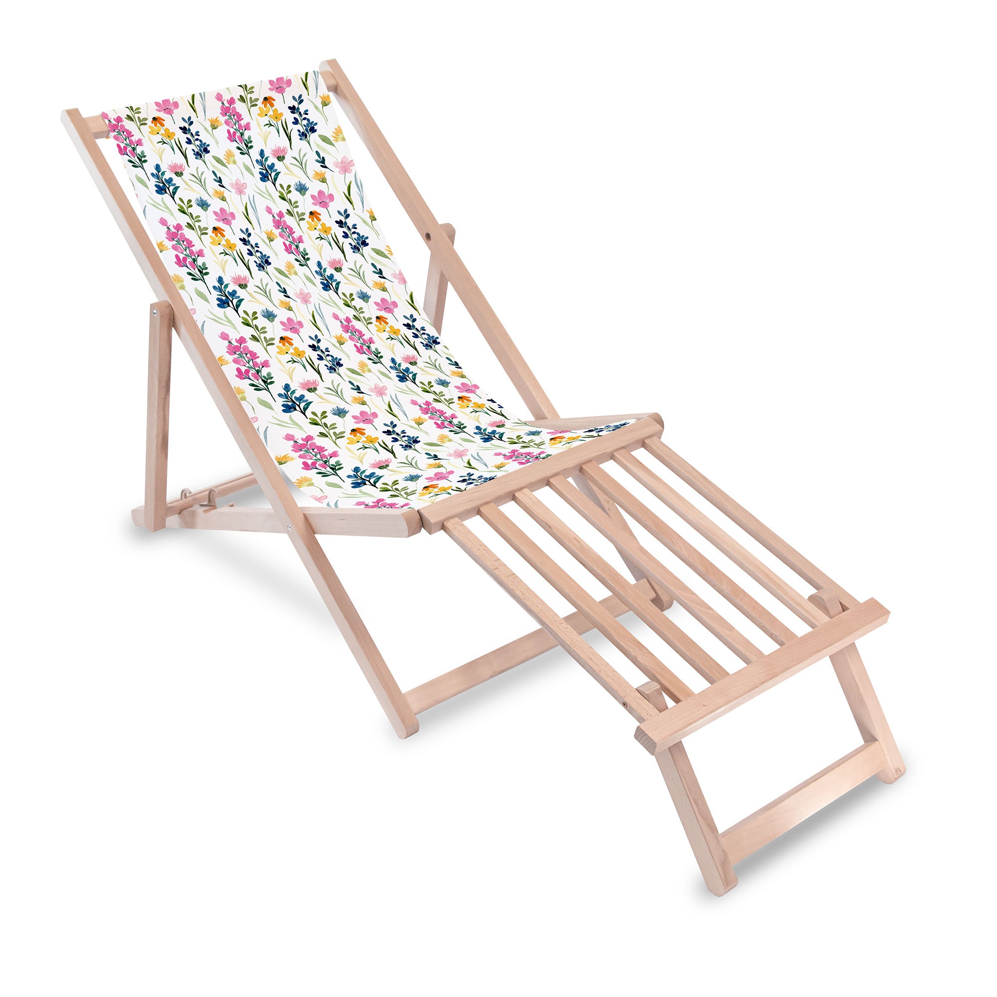 Holzliegestuhl mit Holzfußstütze Bunte Wildblumen