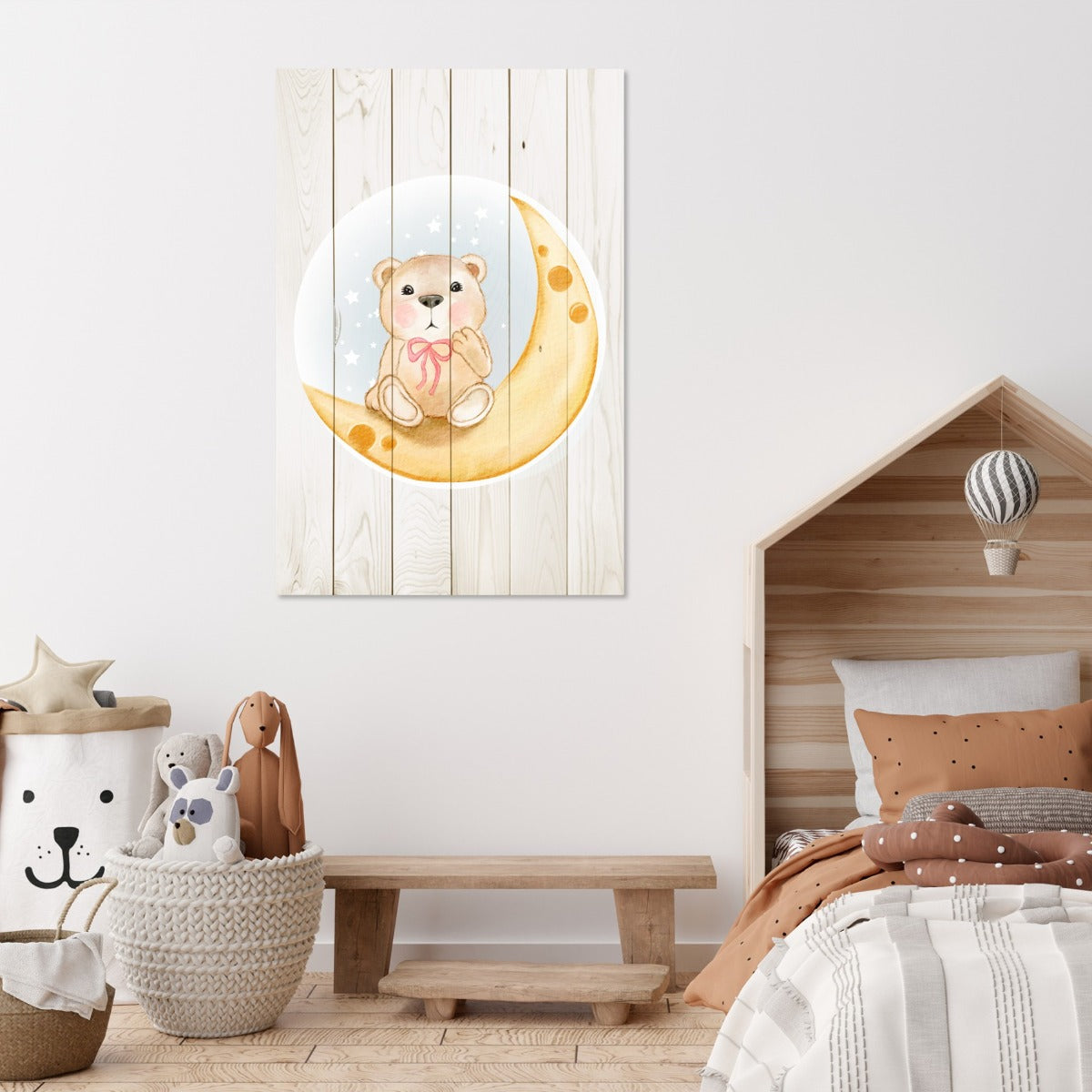 Bild Holz Niedlicher Bär sitzt auf dem Mond Aquarell-40x60 cm