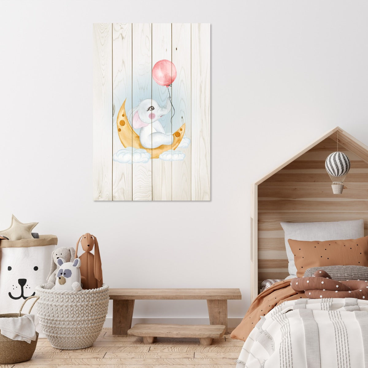 Bild Holz Niedlicher Elefant sitzt auf dem Mond-40x60 cm