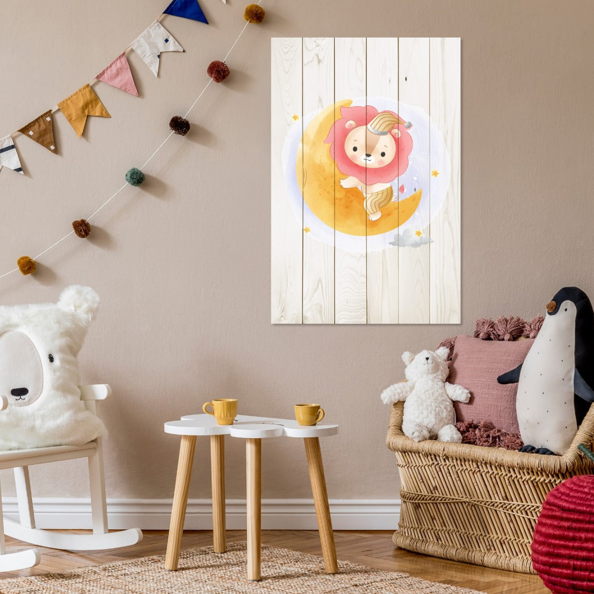 Bild Holz Niedlicher Löwe sitzt auf dem Mond-60x90 cm
