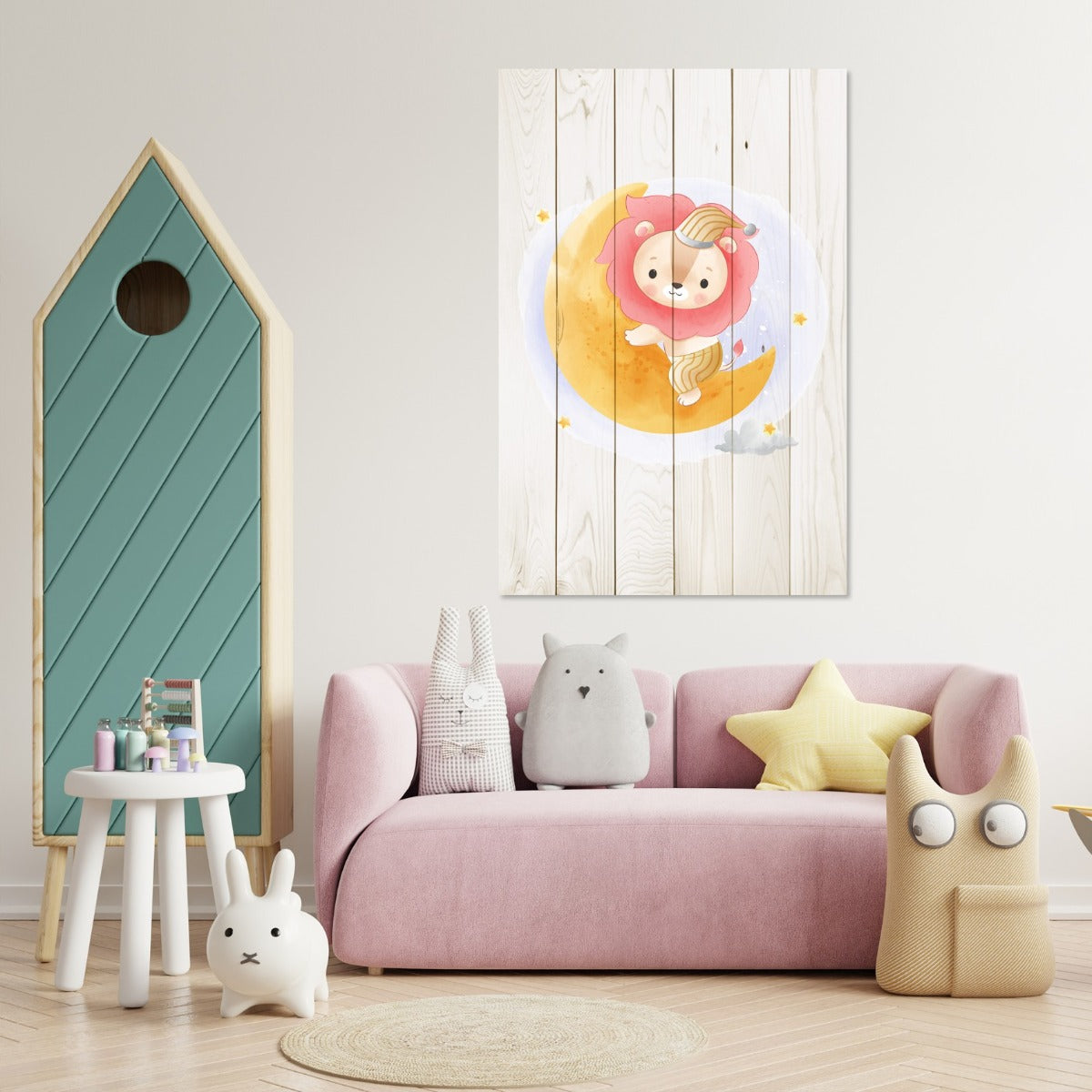 Bild Holz Niedlicher Löwe sitzt auf dem Mond-20x30 cm