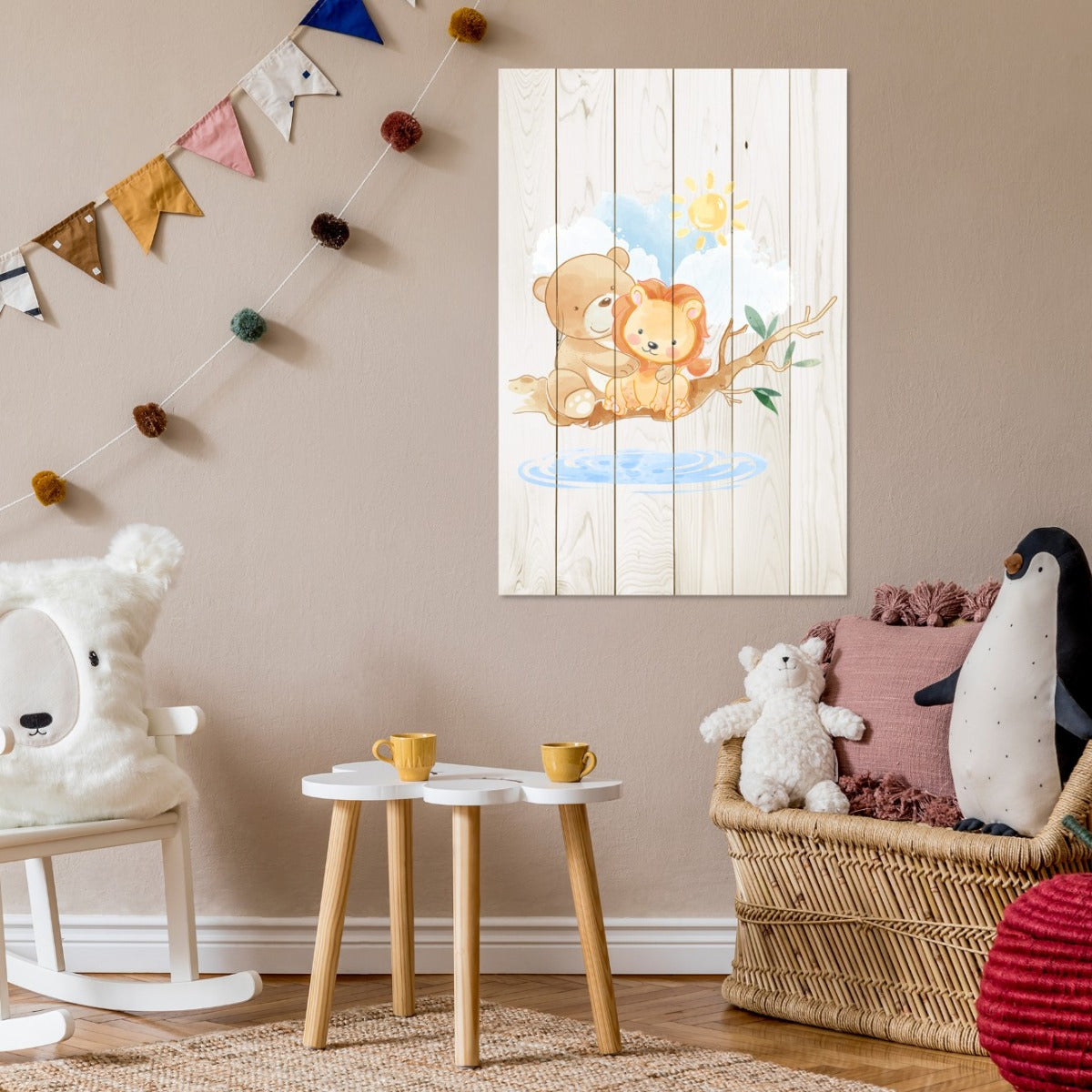 Bild Wood Niedlicher kleiner Löwe und Bär-50x70 cm