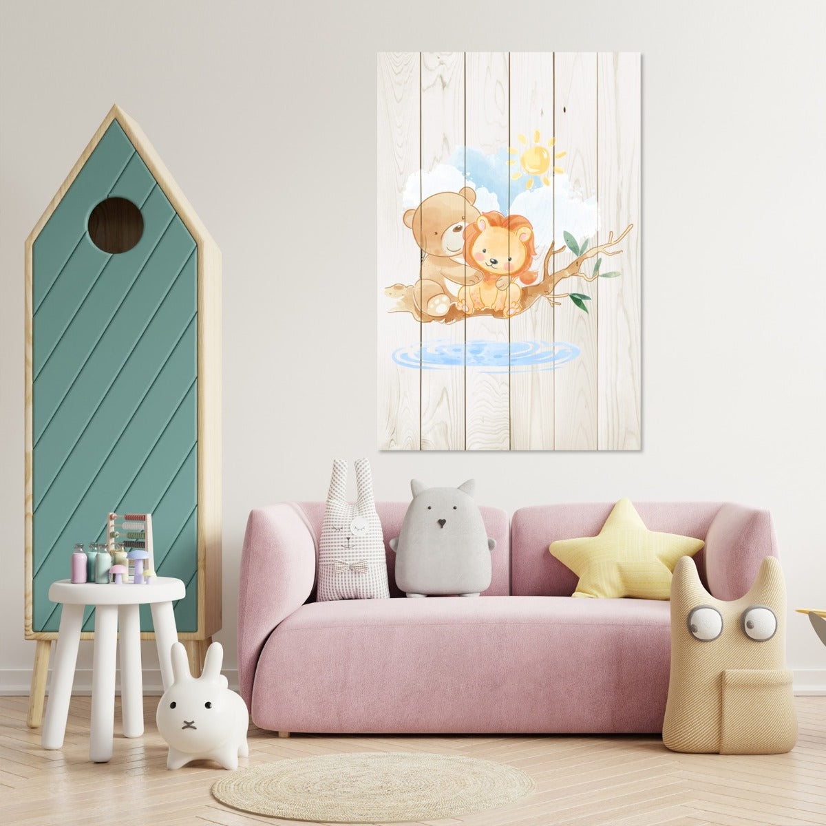 Bild Wood Niedlicher kleiner Löwe und Bär-20x30 cm
