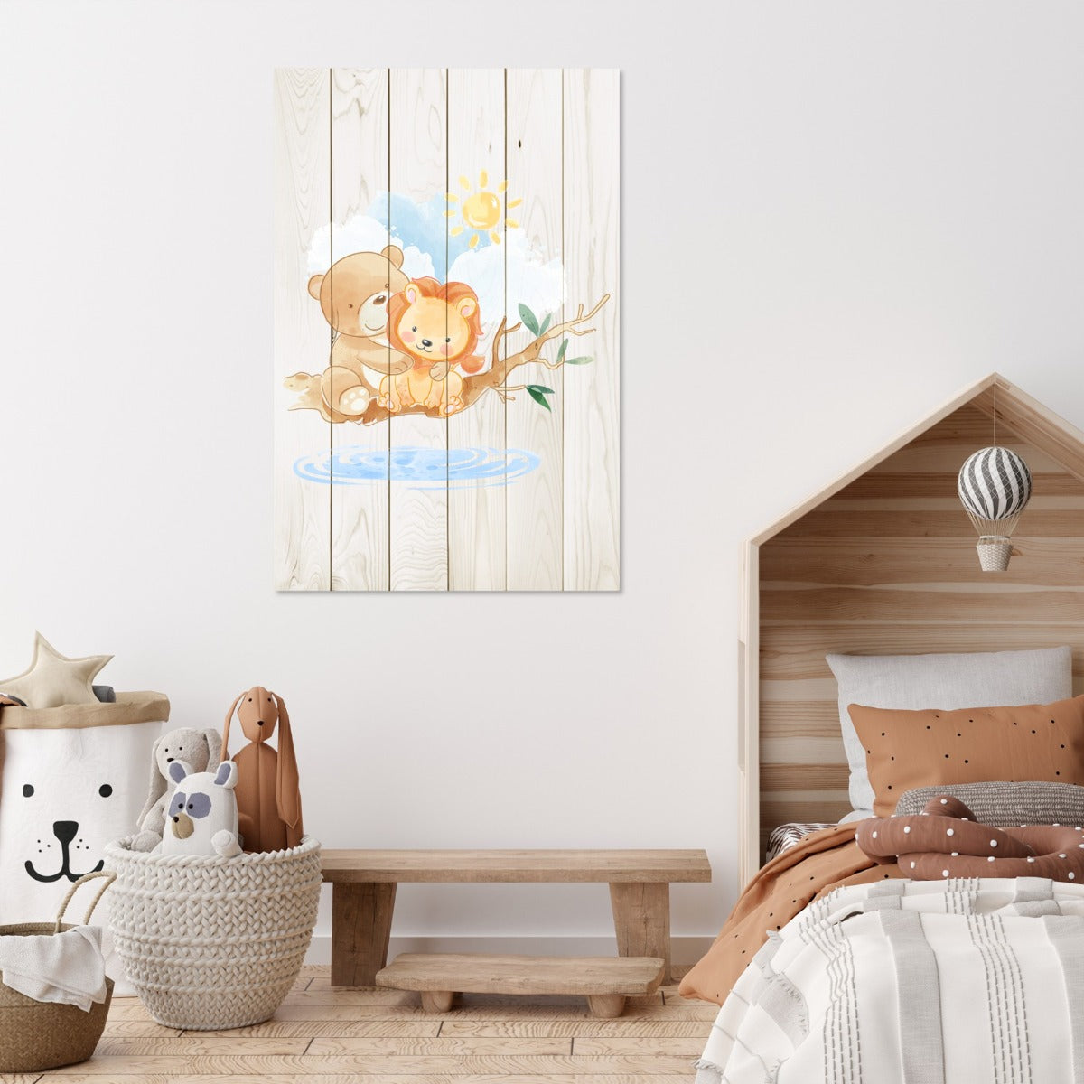 Bild Wood Niedlicher kleiner Löwe und Bär-40x60 cm