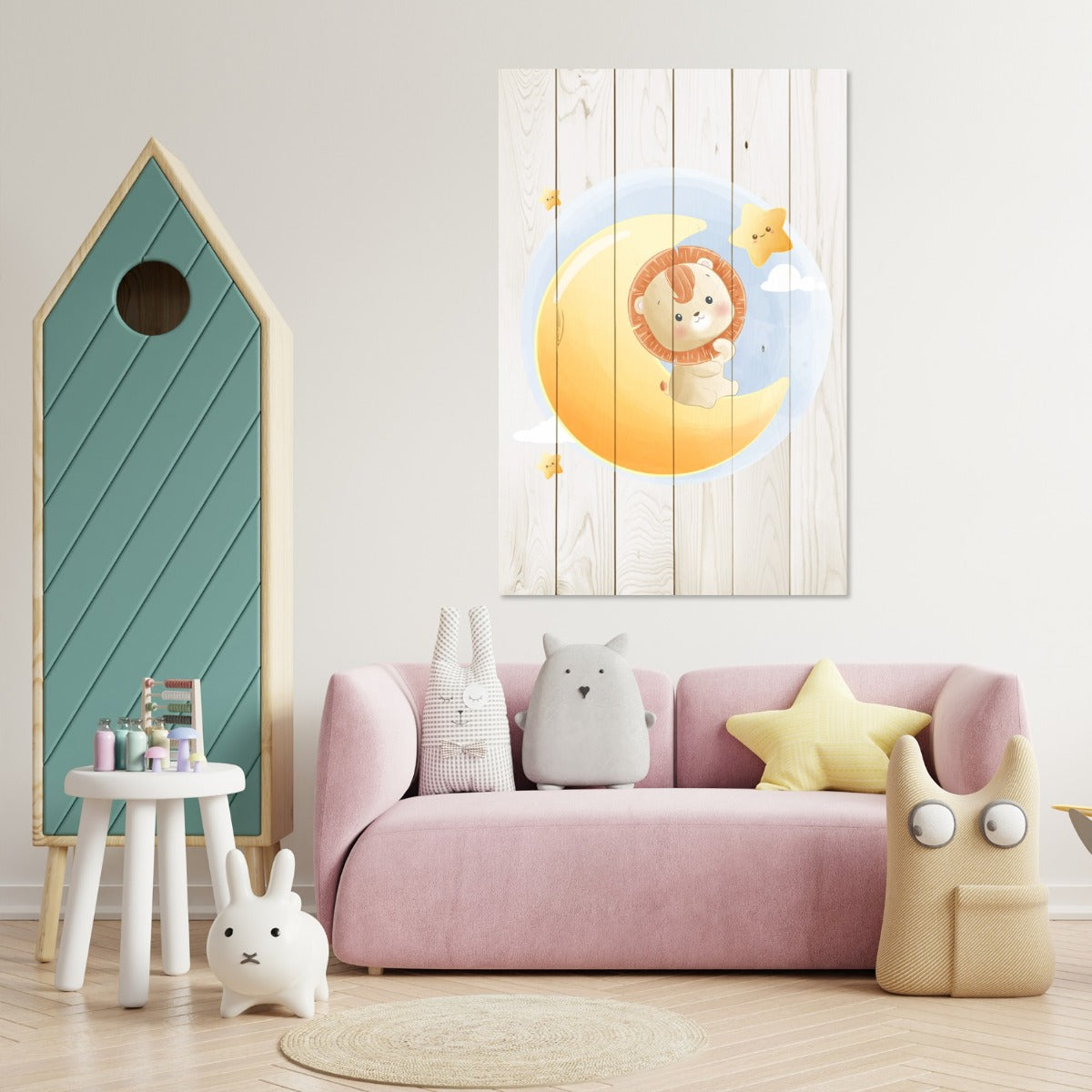 Bild Wood Niedlicher kleiner Löwe auf dem Mond sitzend-30x30 cm