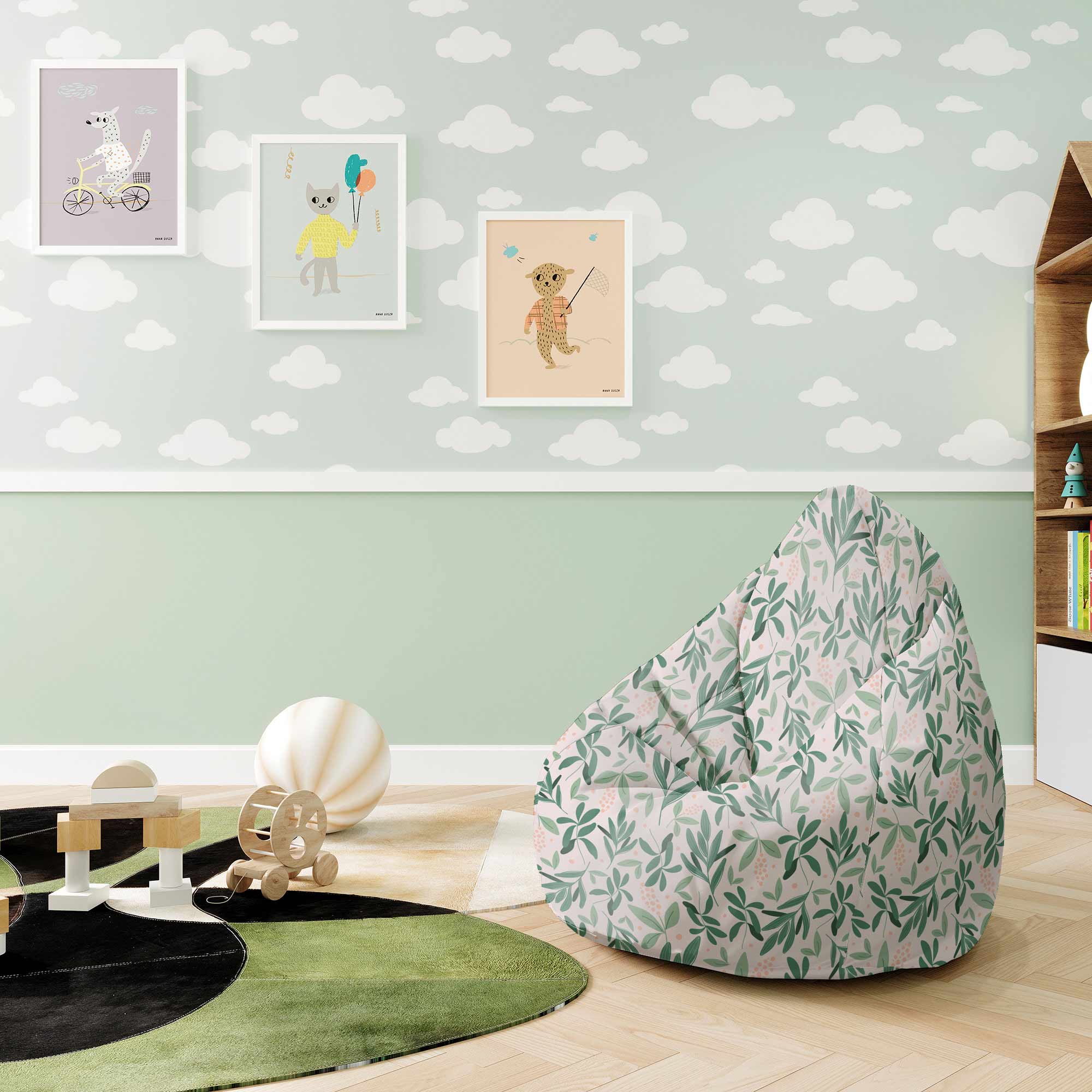 Pearshape Pouf Olive Leaves on Pink-M-Oxford