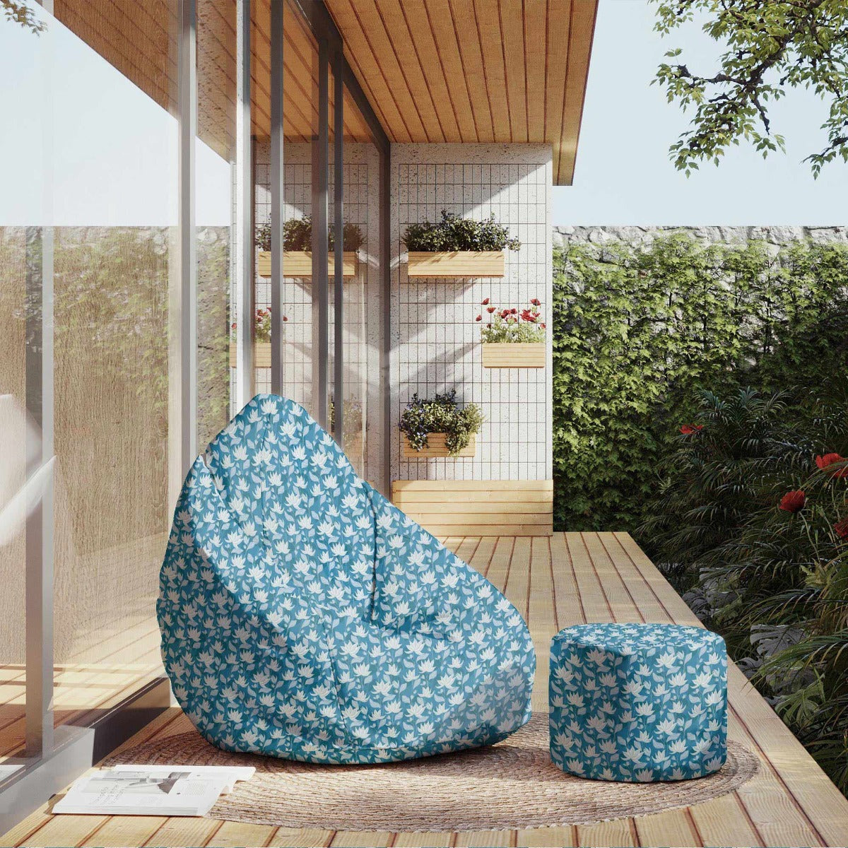 Runder Hocker Fußstütze Blue Water Lily-Samt