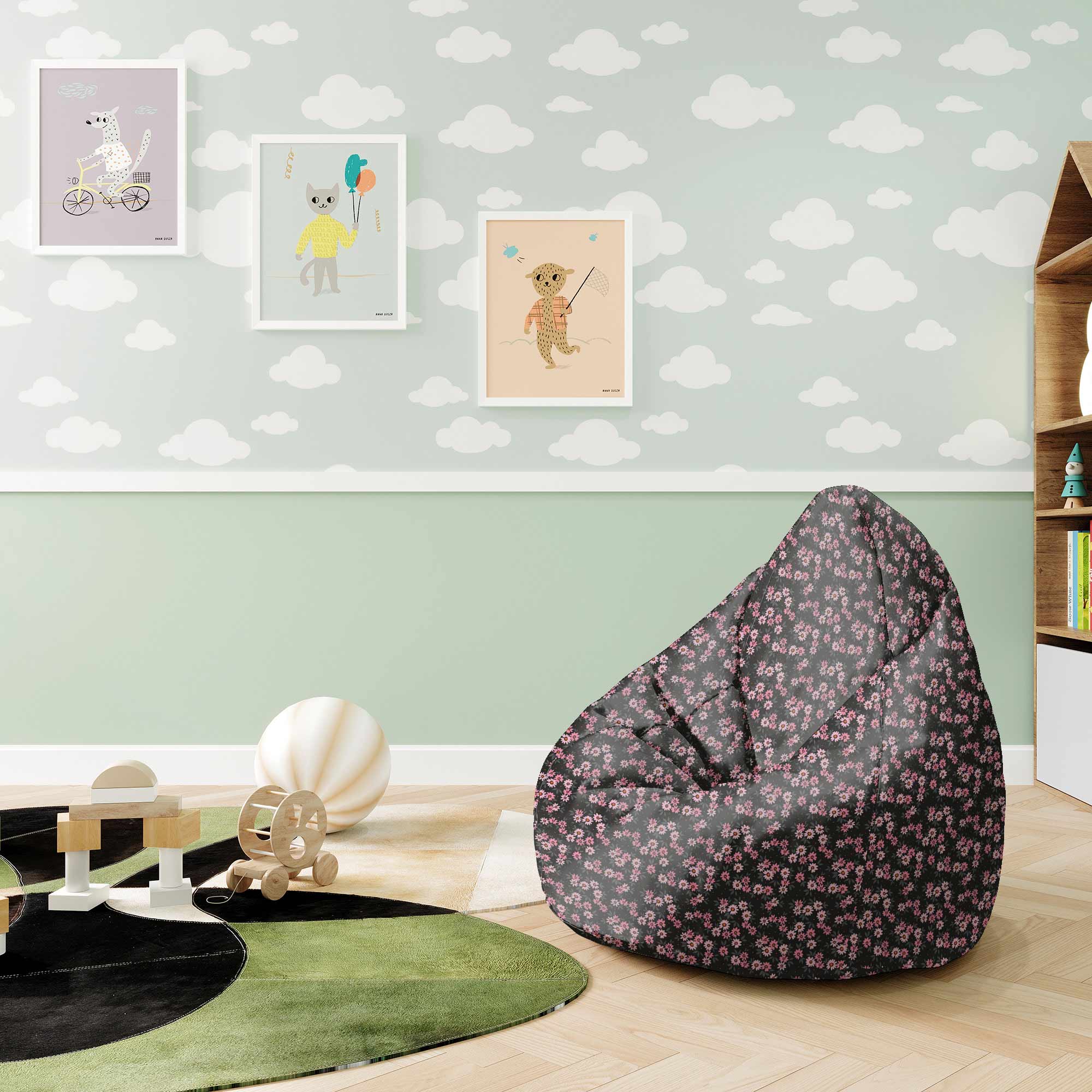 Puf Pearshape Pink Flowers Pattern-M-Oxford