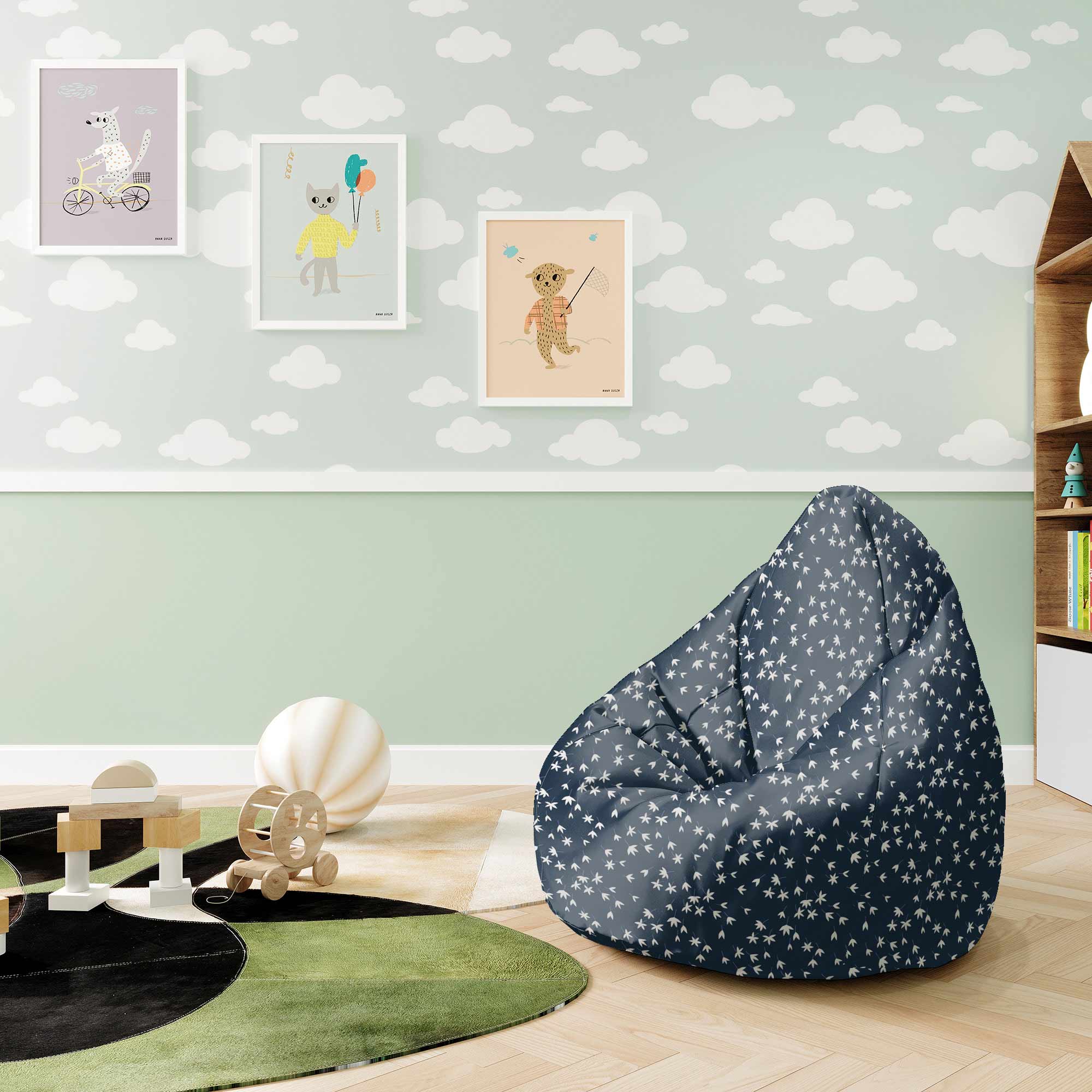Puf Pearshape Navy Petals-S-Oxford