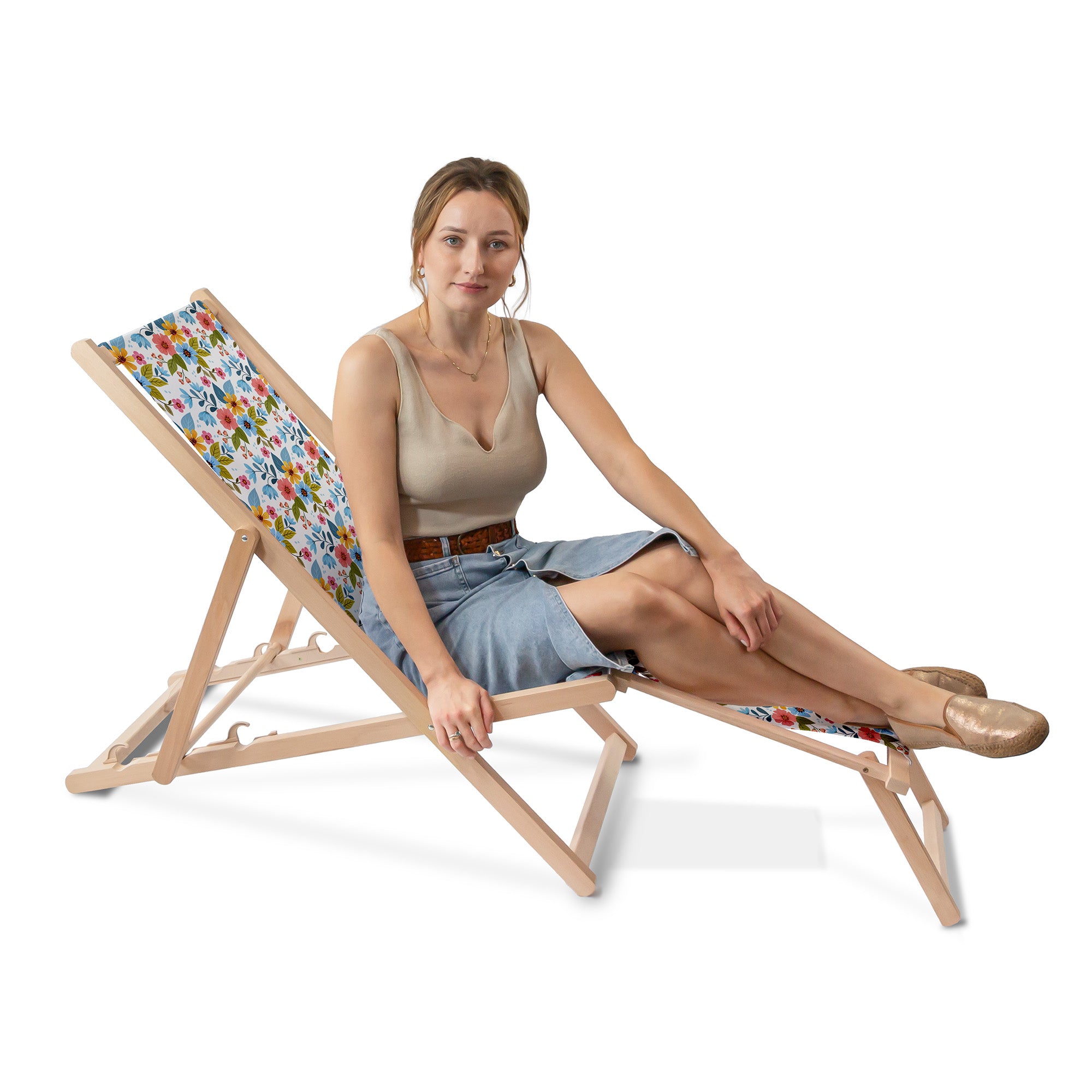 Wooden Deck Chair with Footrest Floral Fantasy